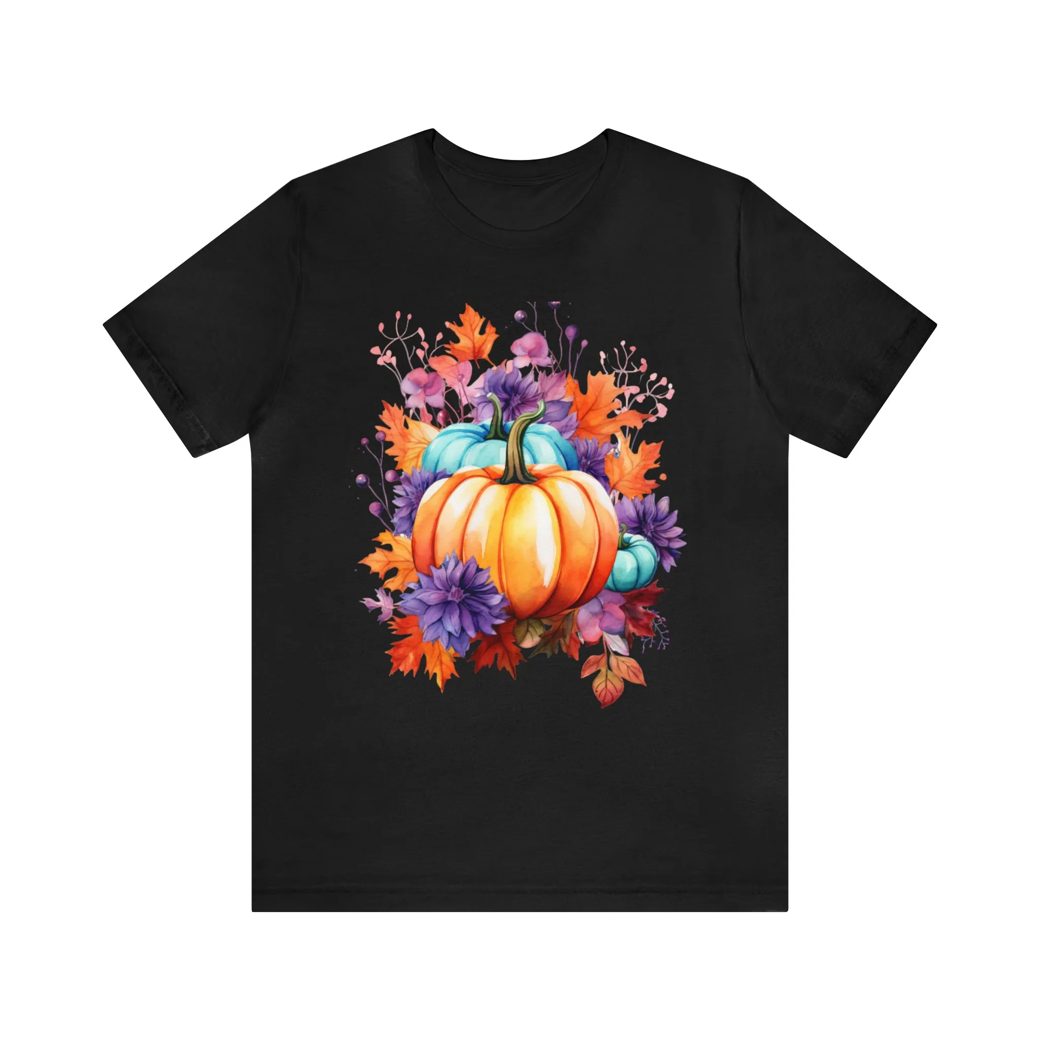 Fall Pumpkin & Leaves T-Shirt | Orange and Purple Fall Tee |  Bella Canvas 3001 Unisex |  Fall Short Sleeve Tshirt