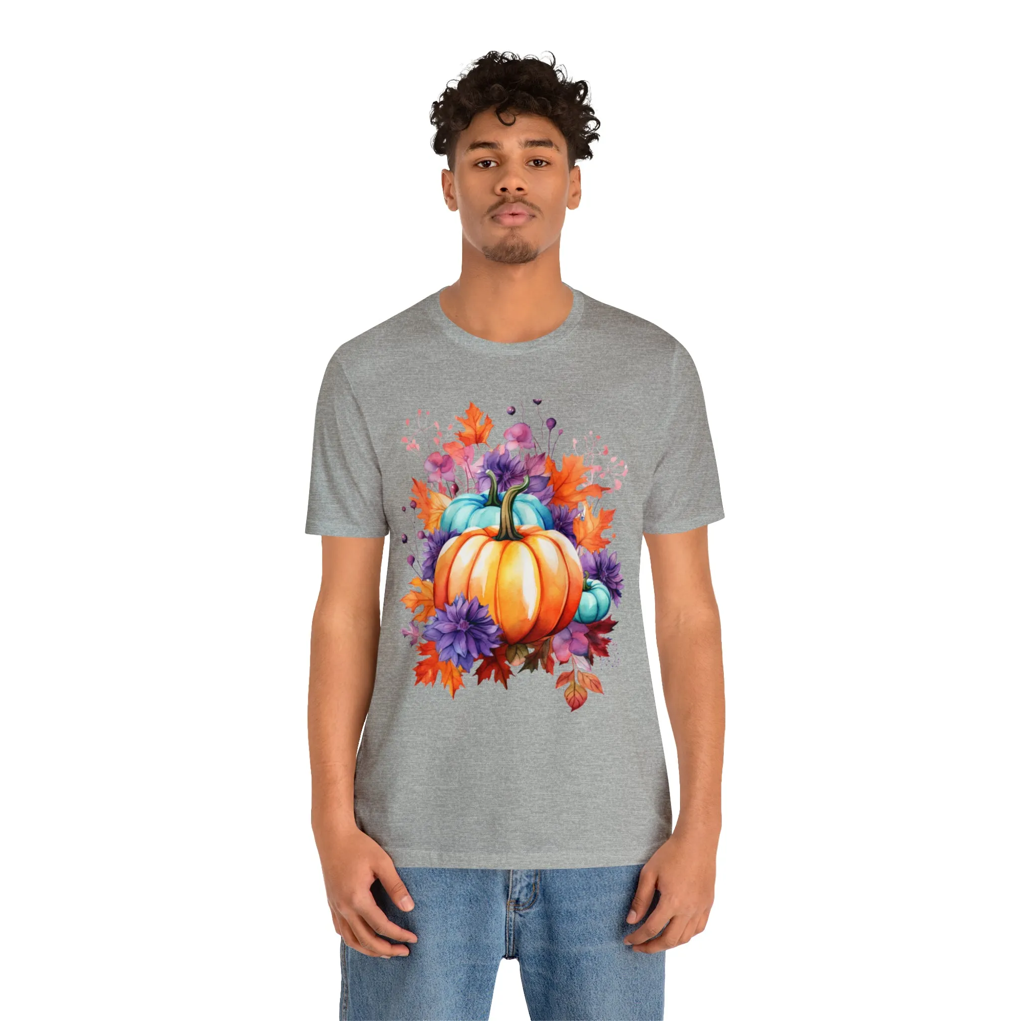Fall Pumpkin & Leaves T-Shirt | Orange and Purple Fall Tee |  Bella Canvas 3001 Unisex |  Fall Short Sleeve Tshirt
