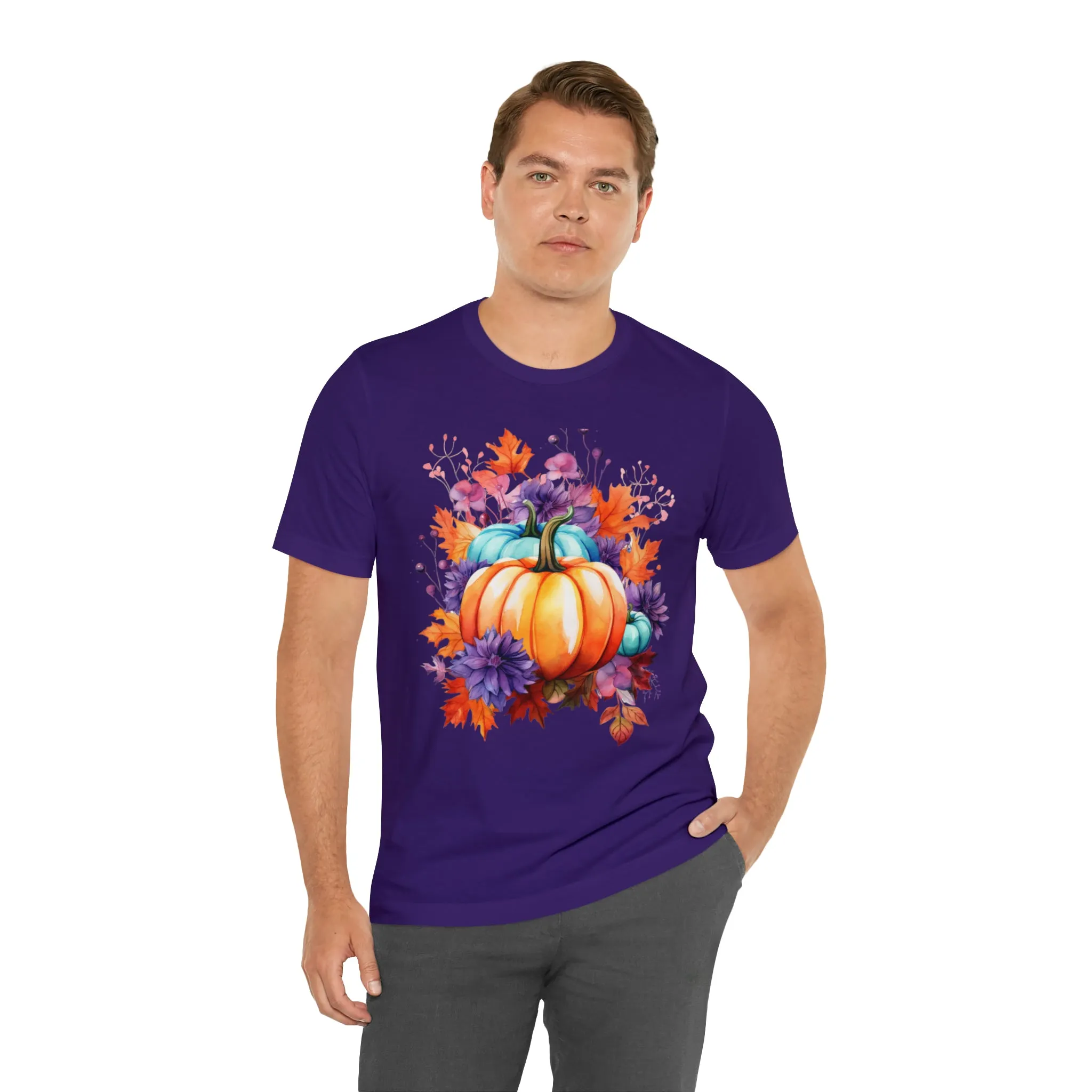 Fall Pumpkin & Leaves T-Shirt | Orange and Purple Fall Tee |  Bella Canvas 3001 Unisex |  Fall Short Sleeve Tshirt
