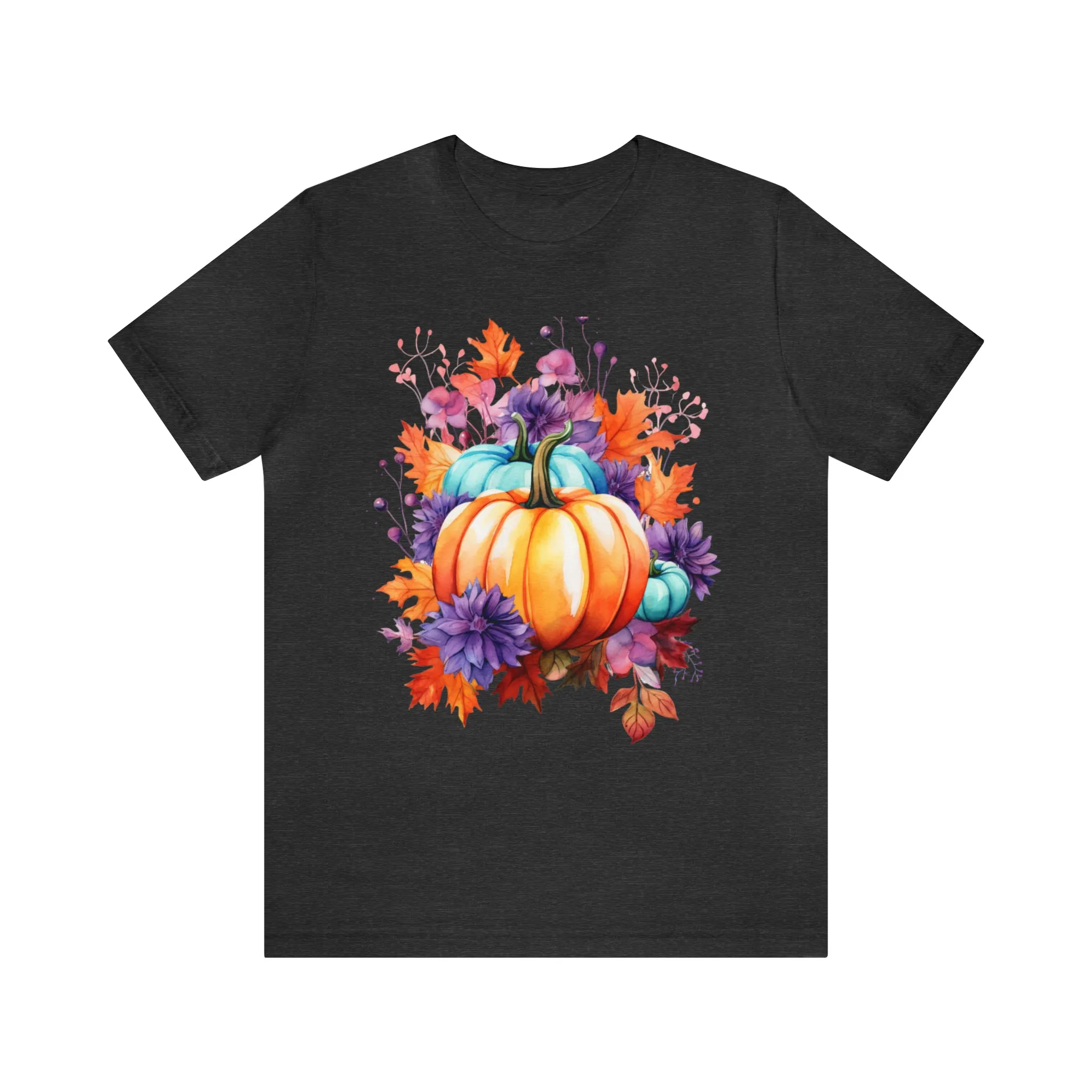 Fall Pumpkin & Leaves T-Shirt | Orange and Purple Fall Tee |  Bella Canvas 3001 Unisex |  Fall Short Sleeve Tshirt