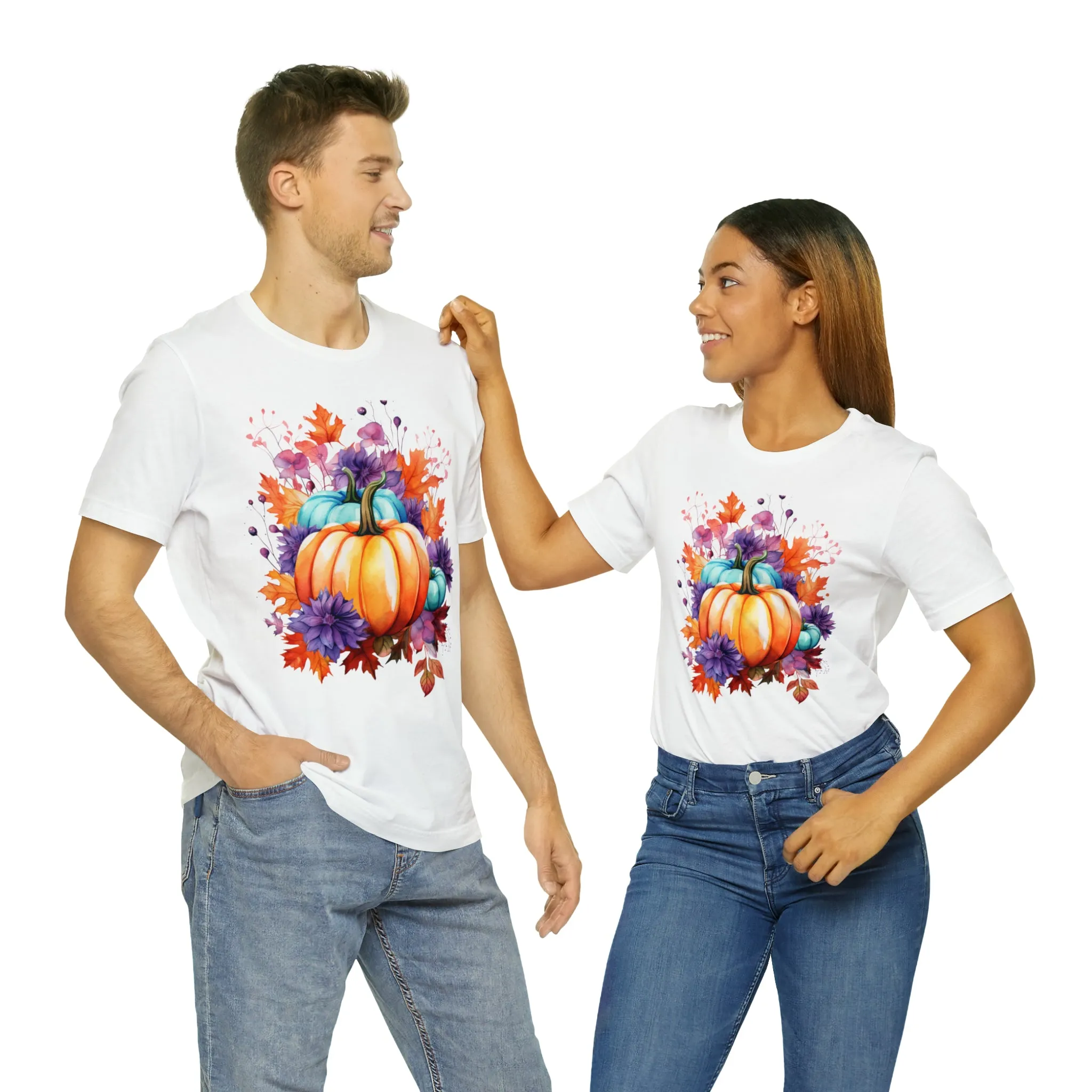 Fall Pumpkin & Leaves T-Shirt | Orange and Purple Fall Tee |  Bella Canvas 3001 Unisex |  Fall Short Sleeve Tshirt