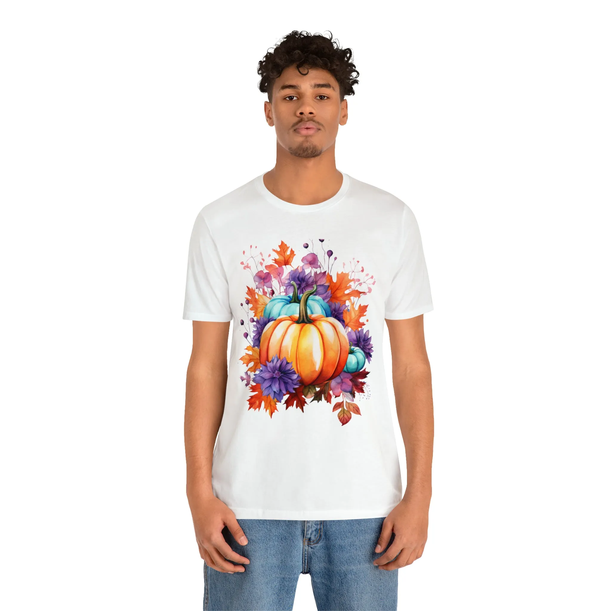 Fall Pumpkin & Leaves T-Shirt | Orange and Purple Fall Tee |  Bella Canvas 3001 Unisex |  Fall Short Sleeve Tshirt