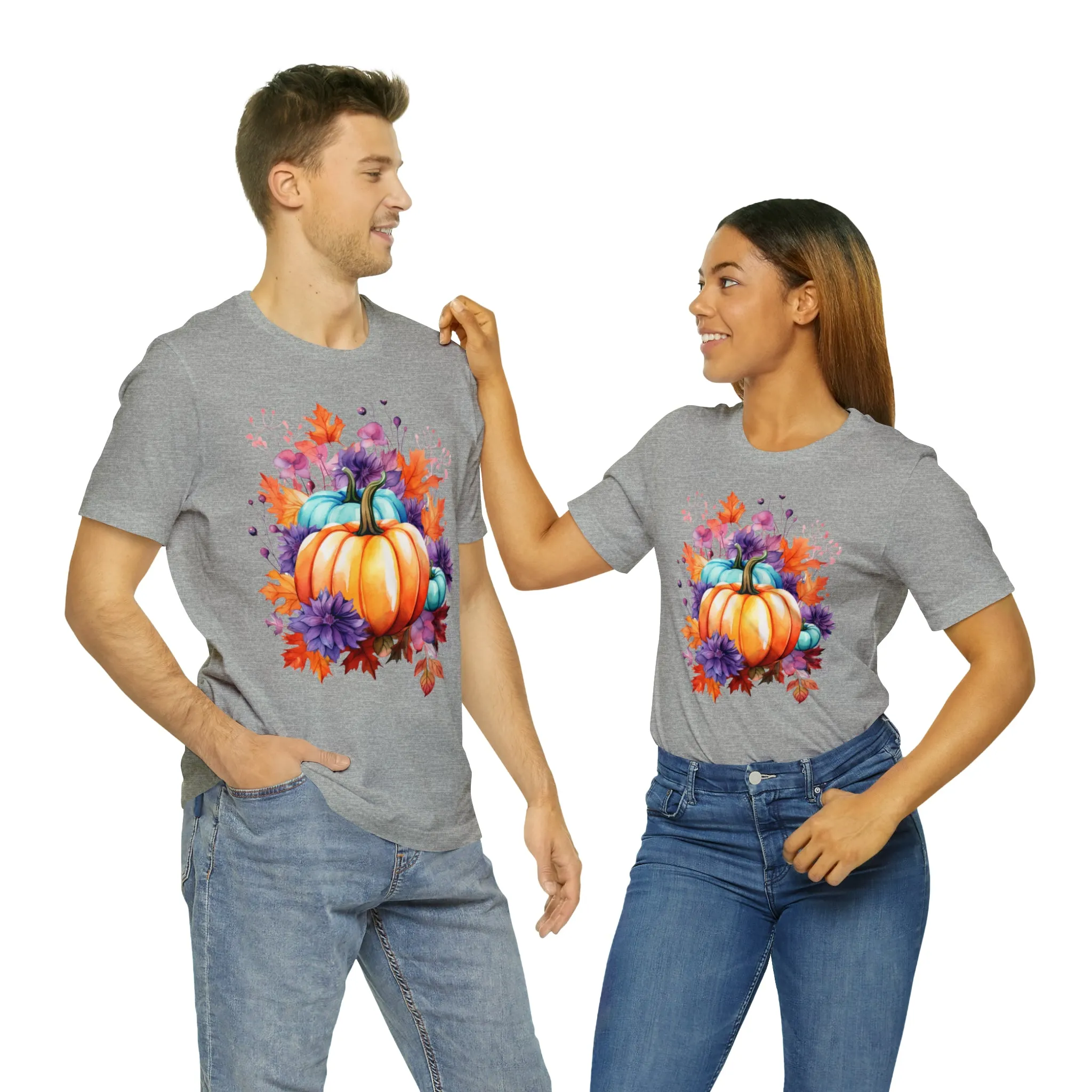 Fall Pumpkin & Leaves T-Shirt | Orange and Purple Fall Tee |  Bella Canvas 3001 Unisex |  Fall Short Sleeve Tshirt