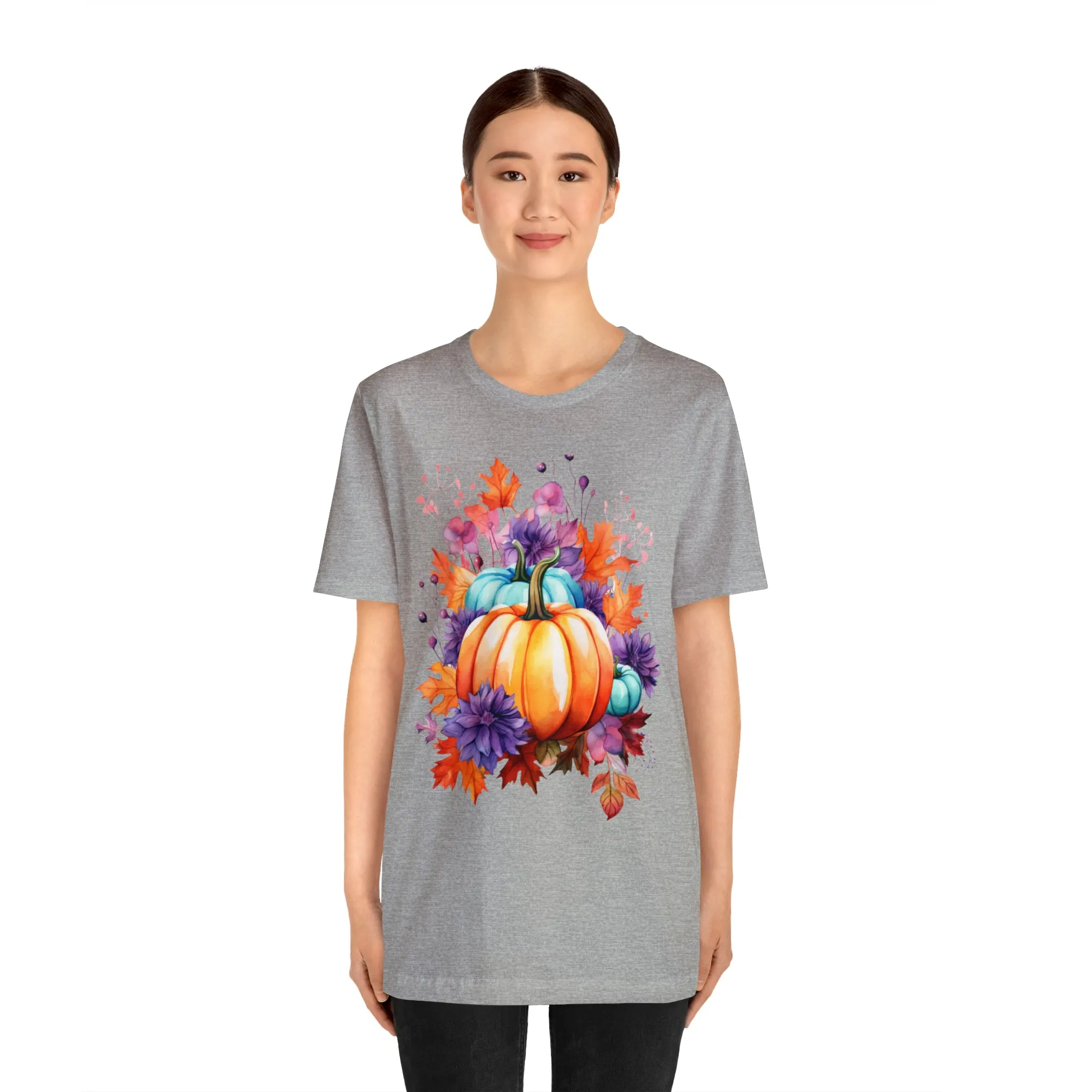 Fall Pumpkin & Leaves T-Shirt | Orange and Purple Fall Tee |  Bella Canvas 3001 Unisex |  Fall Short Sleeve Tshirt