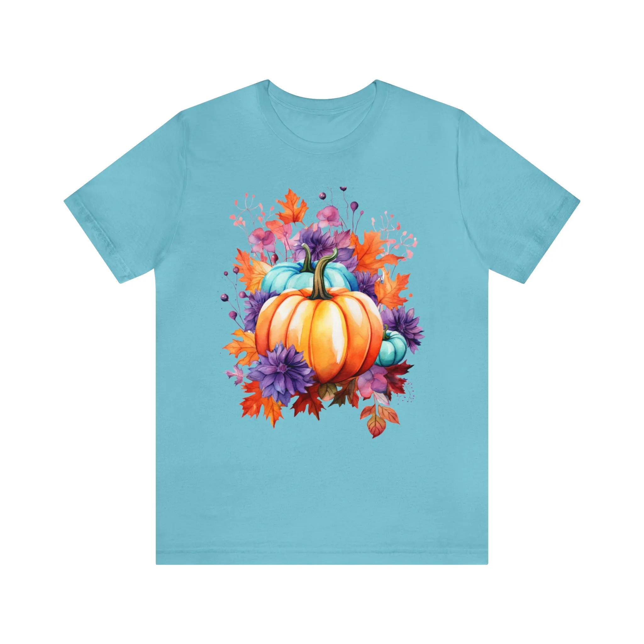 Fall Pumpkin & Leaves T-Shirt | Orange and Purple Fall Tee |  Bella Canvas 3001 Unisex |  Fall Short Sleeve Tshirt
