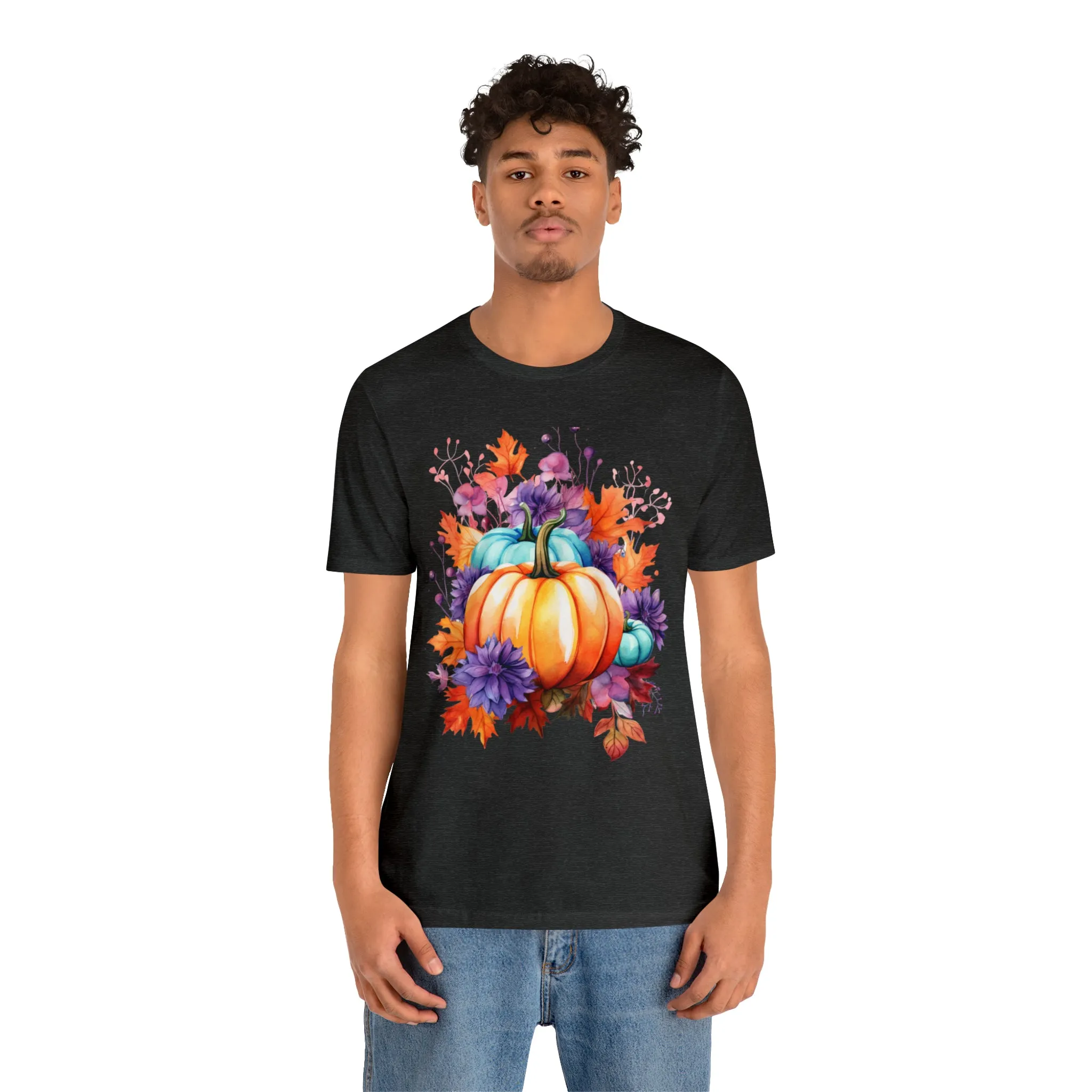 Fall Pumpkin & Leaves T-Shirt | Orange and Purple Fall Tee |  Bella Canvas 3001 Unisex |  Fall Short Sleeve Tshirt