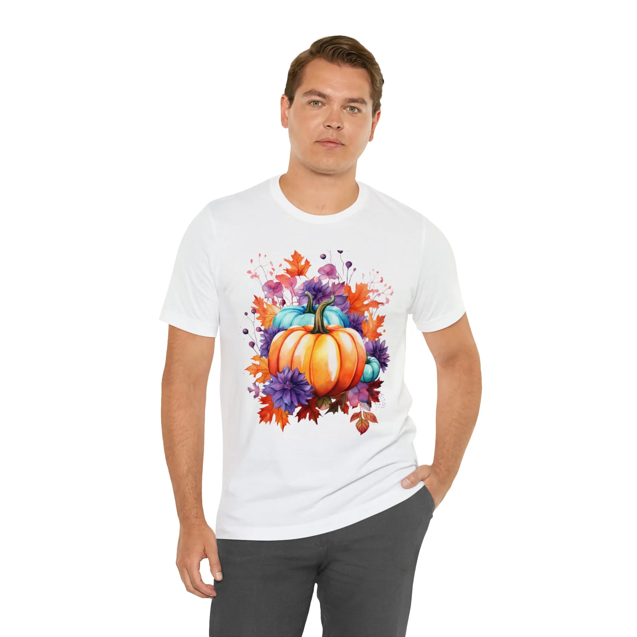 Fall Pumpkin & Leaves T-Shirt | Orange and Purple Fall Tee |  Bella Canvas 3001 Unisex |  Fall Short Sleeve Tshirt