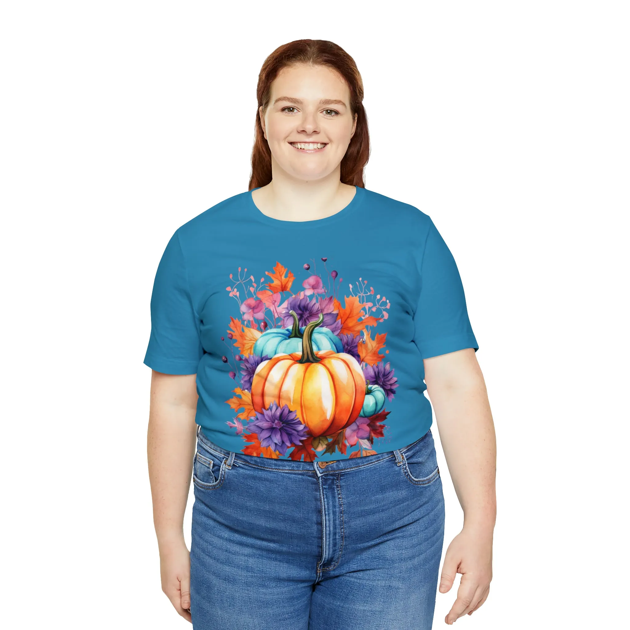 Fall Pumpkin & Leaves T-Shirt | Orange and Purple Fall Tee |  Bella Canvas 3001 Unisex |  Fall Short Sleeve Tshirt