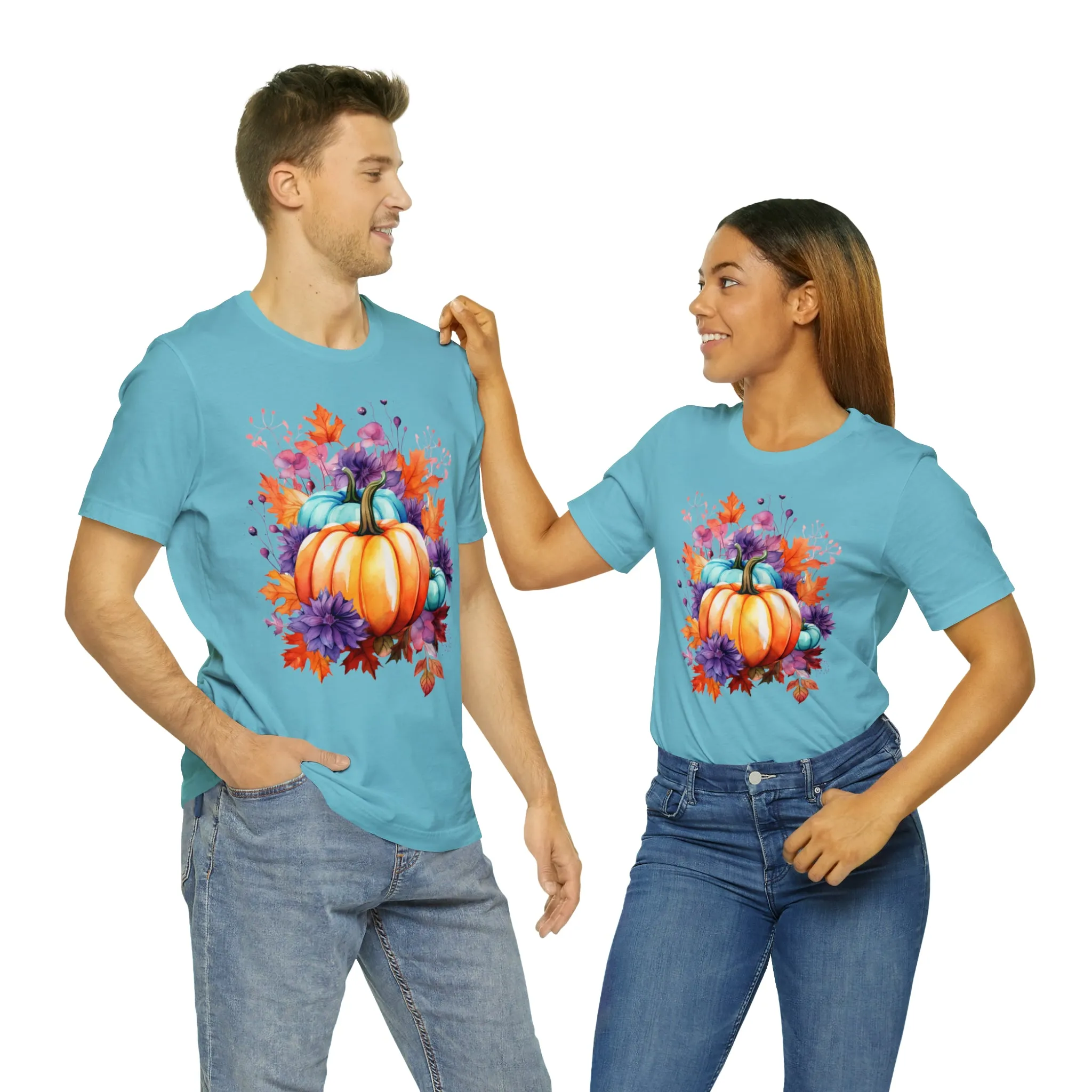 Fall Pumpkin & Leaves T-Shirt | Orange and Purple Fall Tee |  Bella Canvas 3001 Unisex |  Fall Short Sleeve Tshirt