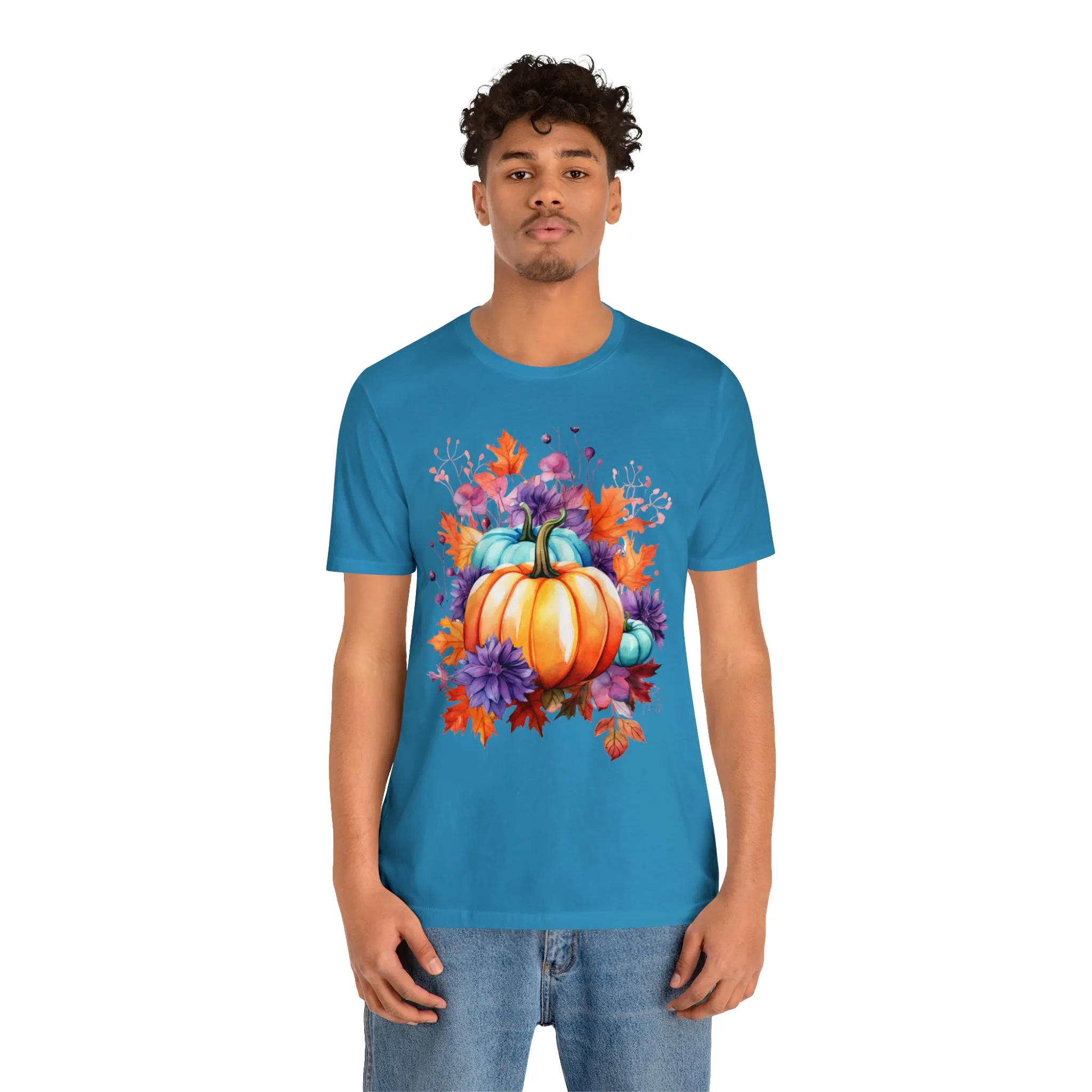 Fall Pumpkin & Leaves T-Shirt | Orange and Purple Fall Tee |  Bella Canvas 3001 Unisex |  Fall Short Sleeve Tshirt