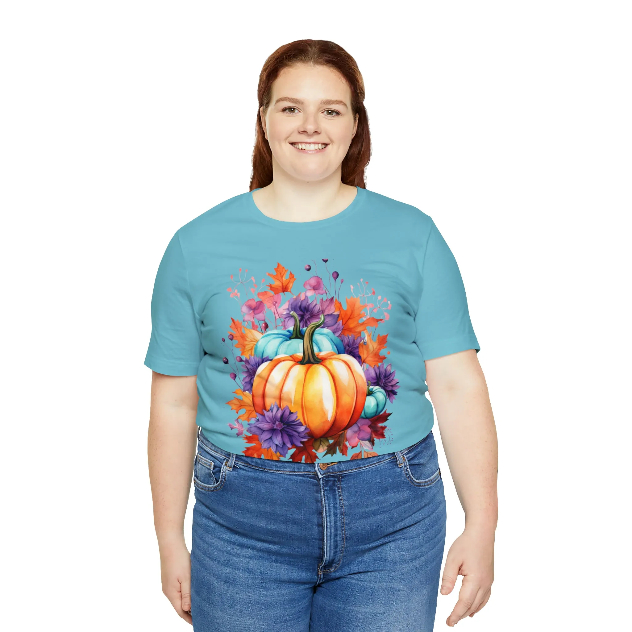 Fall Pumpkin & Leaves T-Shirt | Orange and Purple Fall Tee |  Bella Canvas 3001 Unisex |  Fall Short Sleeve Tshirt