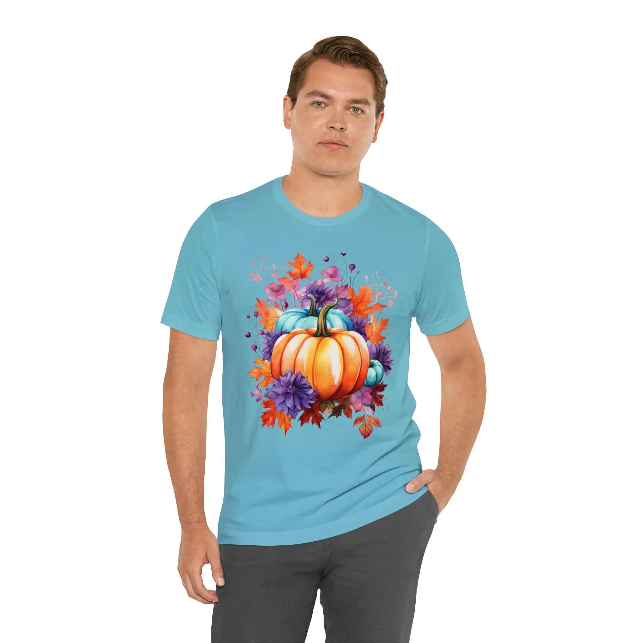 Fall Pumpkin & Leaves T-Shirt | Orange and Purple Fall Tee |  Bella Canvas 3001 Unisex |  Fall Short Sleeve Tshirt