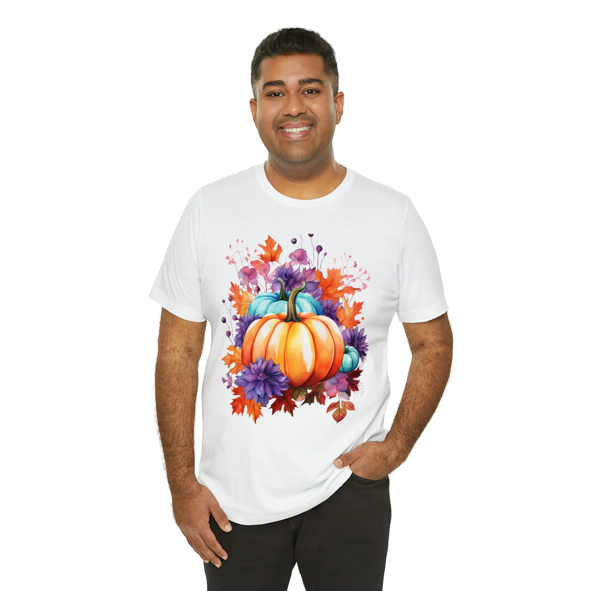 Fall Pumpkin & Leaves T-Shirt | Orange and Purple Fall Tee |  Bella Canvas 3001 Unisex |  Fall Short Sleeve Tshirt