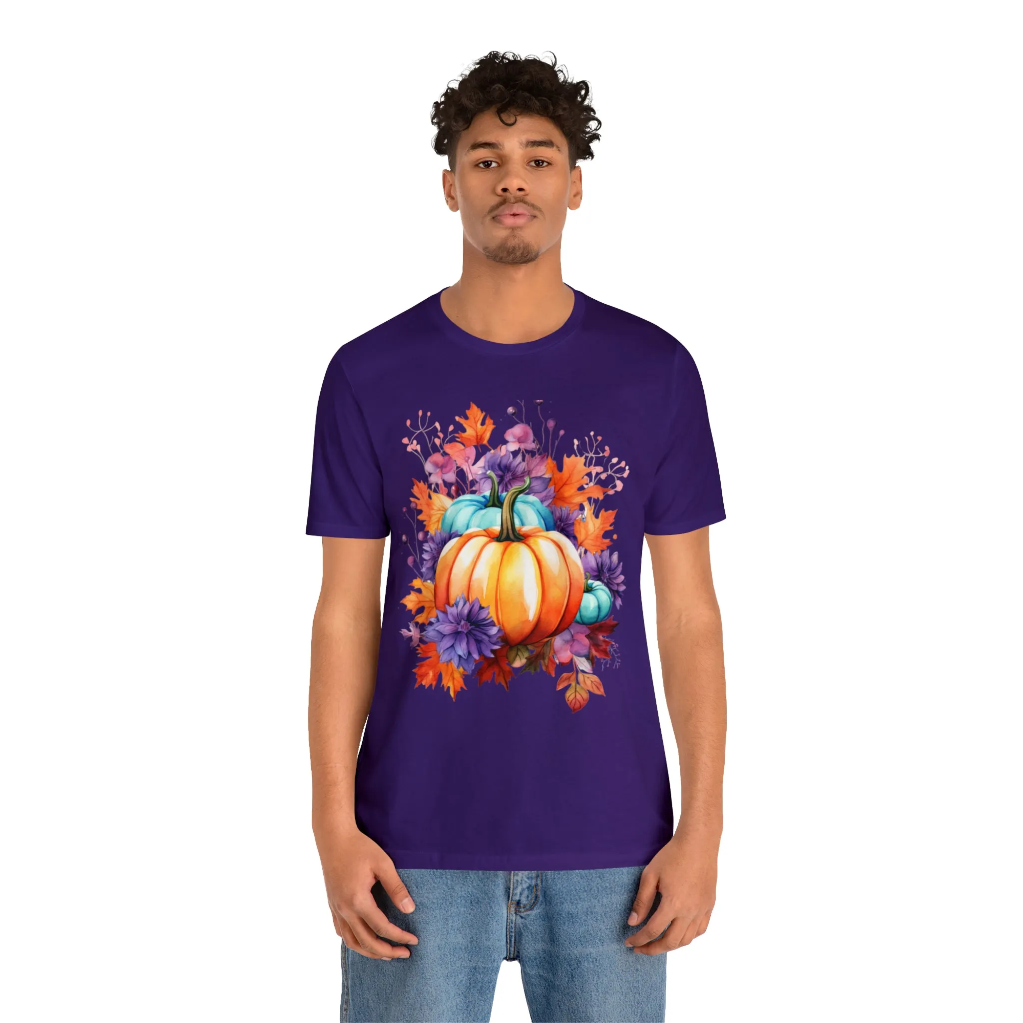 Fall Pumpkin & Leaves T-Shirt | Orange and Purple Fall Tee |  Bella Canvas 3001 Unisex |  Fall Short Sleeve Tshirt