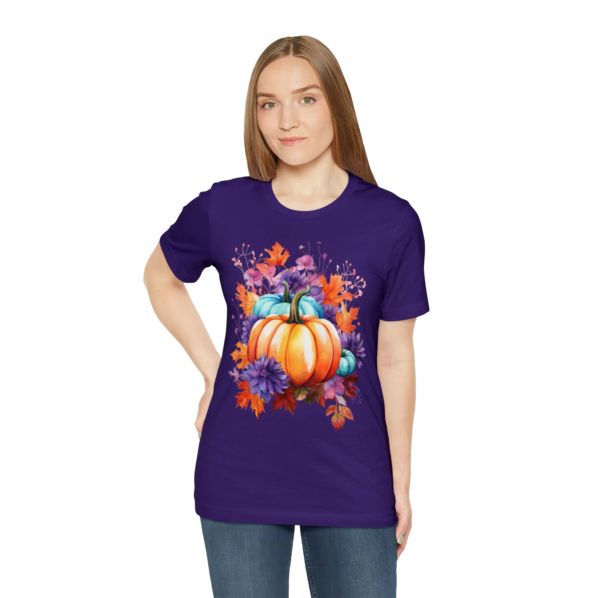 Fall Pumpkin & Leaves T-Shirt | Orange and Purple Fall Tee |  Bella Canvas 3001 Unisex |  Fall Short Sleeve Tshirt