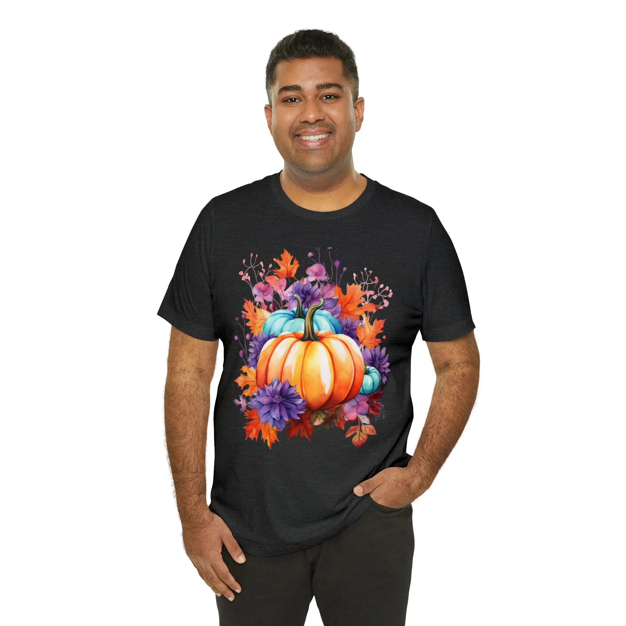 Fall Pumpkin & Leaves T-Shirt | Orange and Purple Fall Tee |  Bella Canvas 3001 Unisex |  Fall Short Sleeve Tshirt