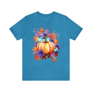 Fall Pumpkin & Leaves T-Shirt | Orange and Purple Fall Tee |  Bella Canvas 3001 Unisex |  Fall Short Sleeve Tshirt