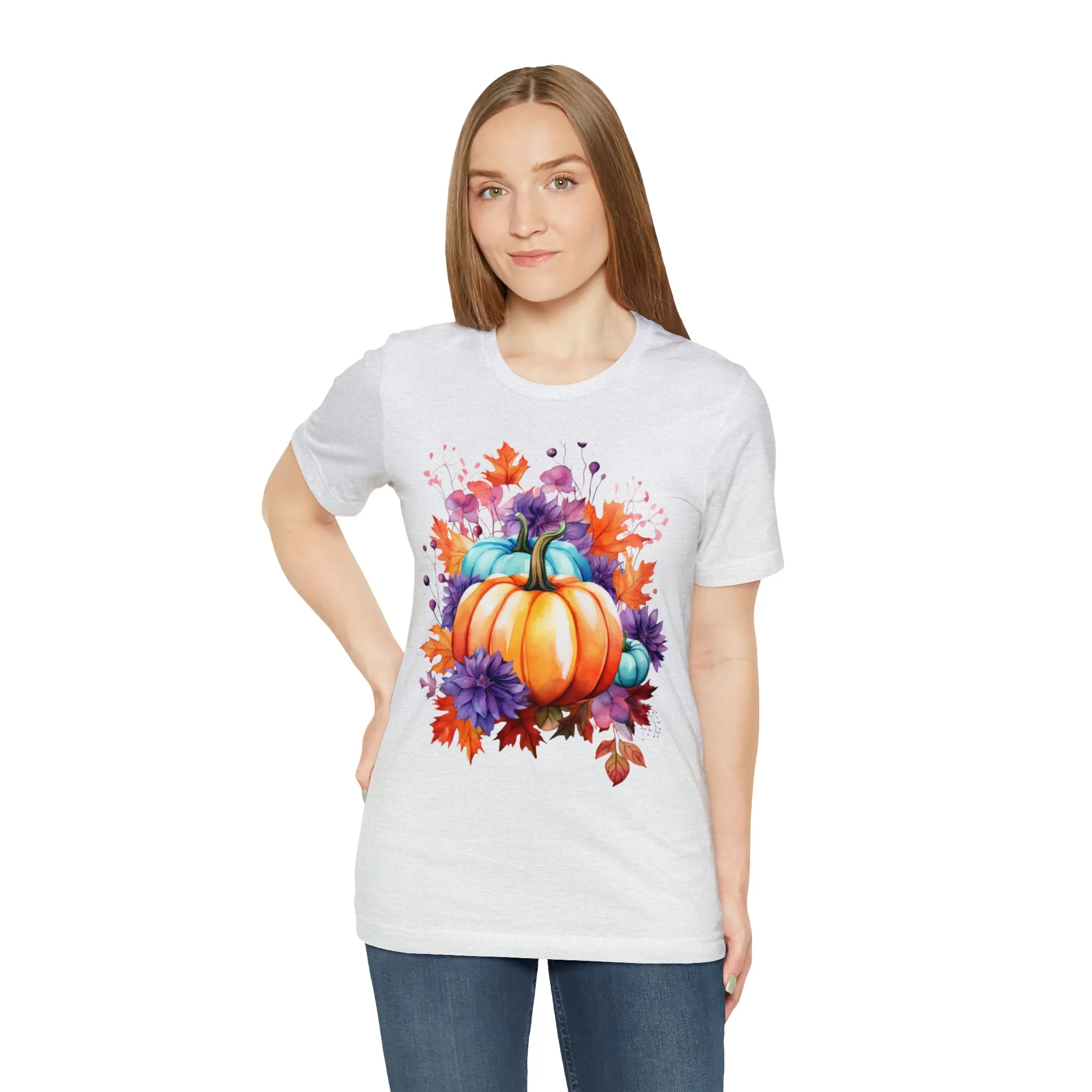 Fall Pumpkin & Leaves T-Shirt | Orange and Purple Fall Tee |  Bella Canvas 3001 Unisex |  Fall Short Sleeve Tshirt