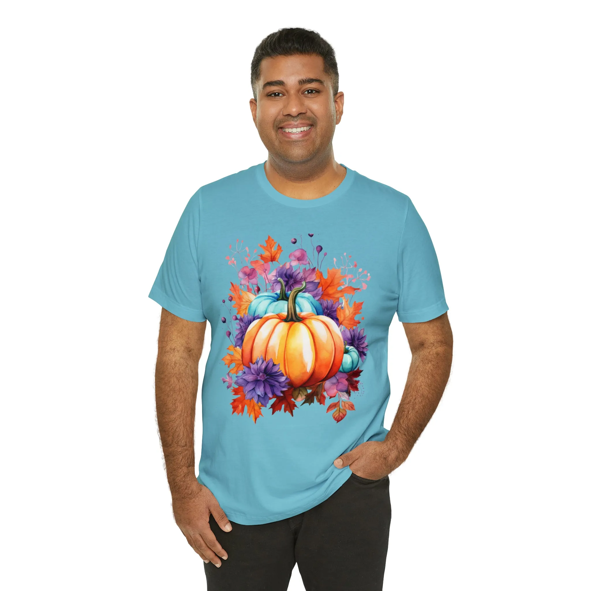 Fall Pumpkin & Leaves T-Shirt | Orange and Purple Fall Tee |  Bella Canvas 3001 Unisex |  Fall Short Sleeve Tshirt