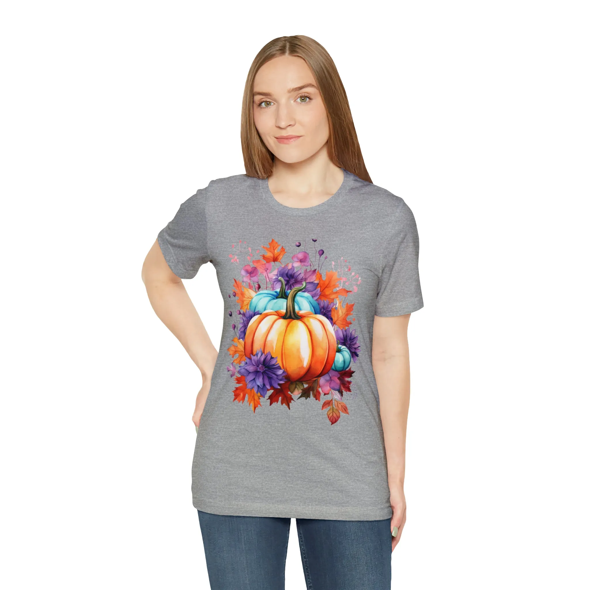 Fall Pumpkin & Leaves T-Shirt | Orange and Purple Fall Tee |  Bella Canvas 3001 Unisex |  Fall Short Sleeve Tshirt