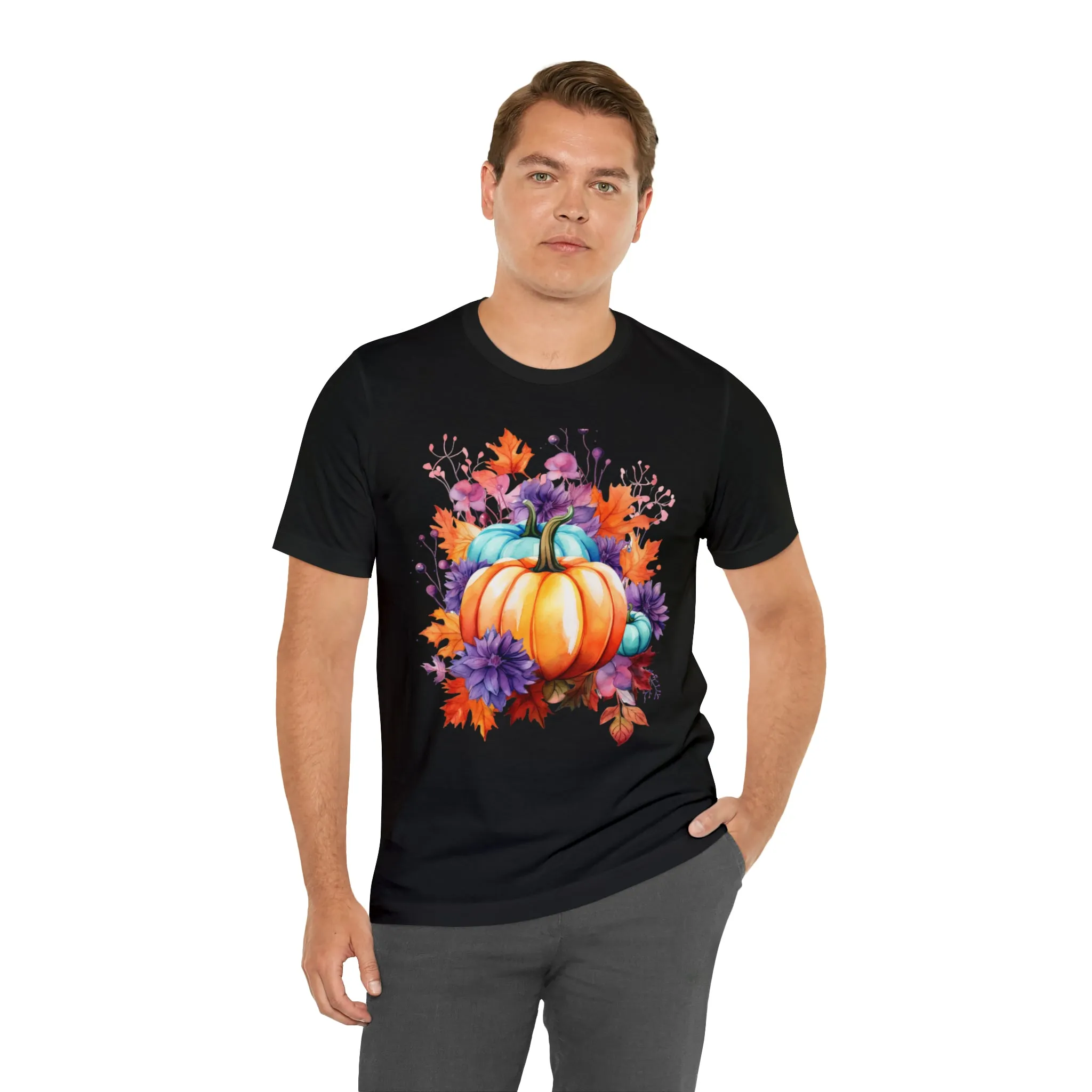 Fall Pumpkin & Leaves T-Shirt | Orange and Purple Fall Tee |  Bella Canvas 3001 Unisex |  Fall Short Sleeve Tshirt