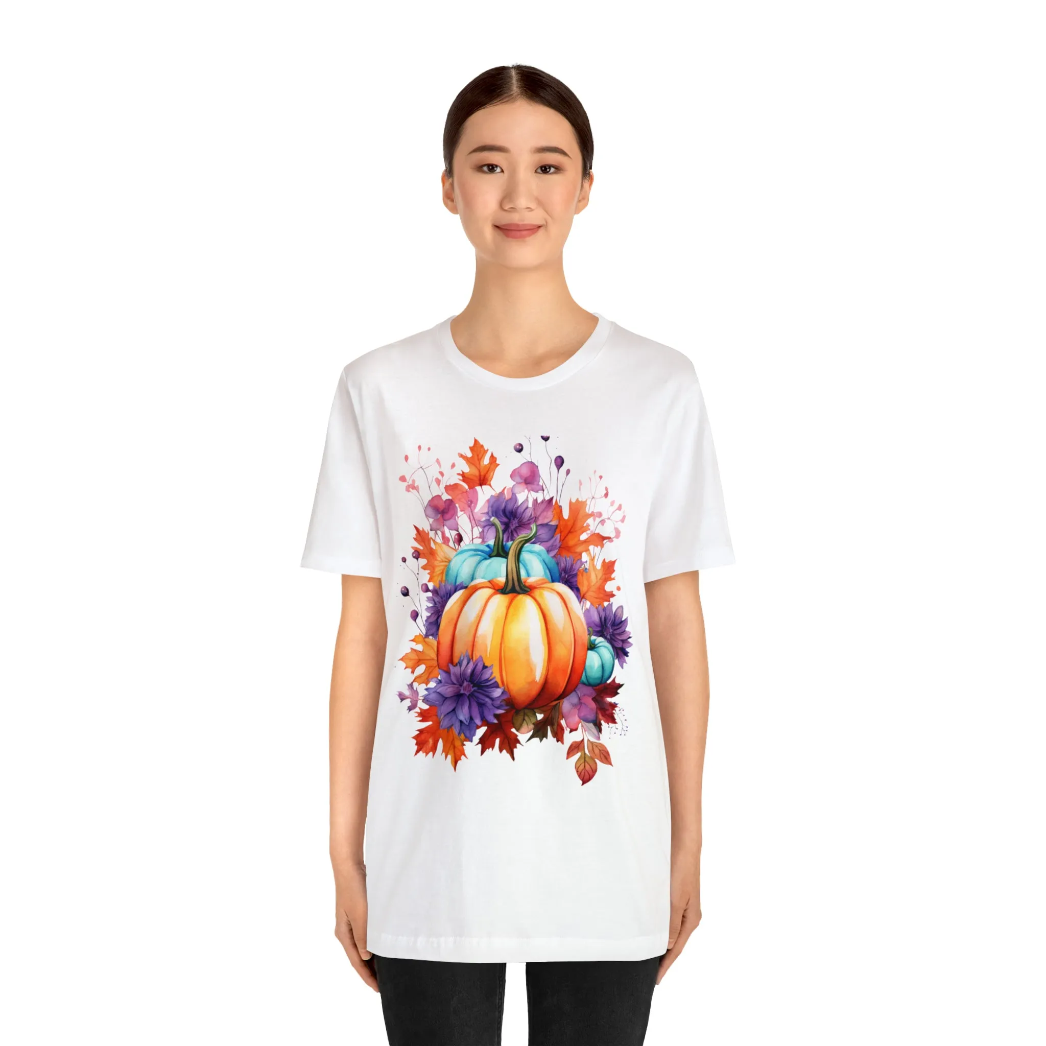 Fall Pumpkin & Leaves T-Shirt | Orange and Purple Fall Tee |  Bella Canvas 3001 Unisex |  Fall Short Sleeve Tshirt