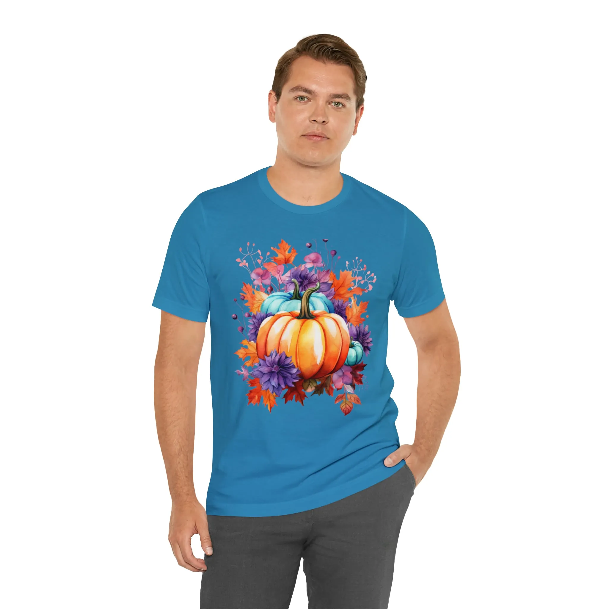 Fall Pumpkin & Leaves T-Shirt | Orange and Purple Fall Tee |  Bella Canvas 3001 Unisex |  Fall Short Sleeve Tshirt