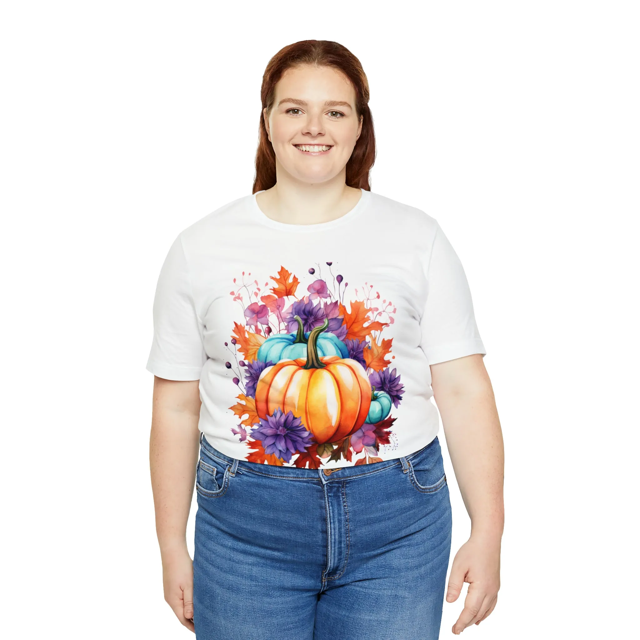 Fall Pumpkin & Leaves T-Shirt | Orange and Purple Fall Tee |  Bella Canvas 3001 Unisex |  Fall Short Sleeve Tshirt