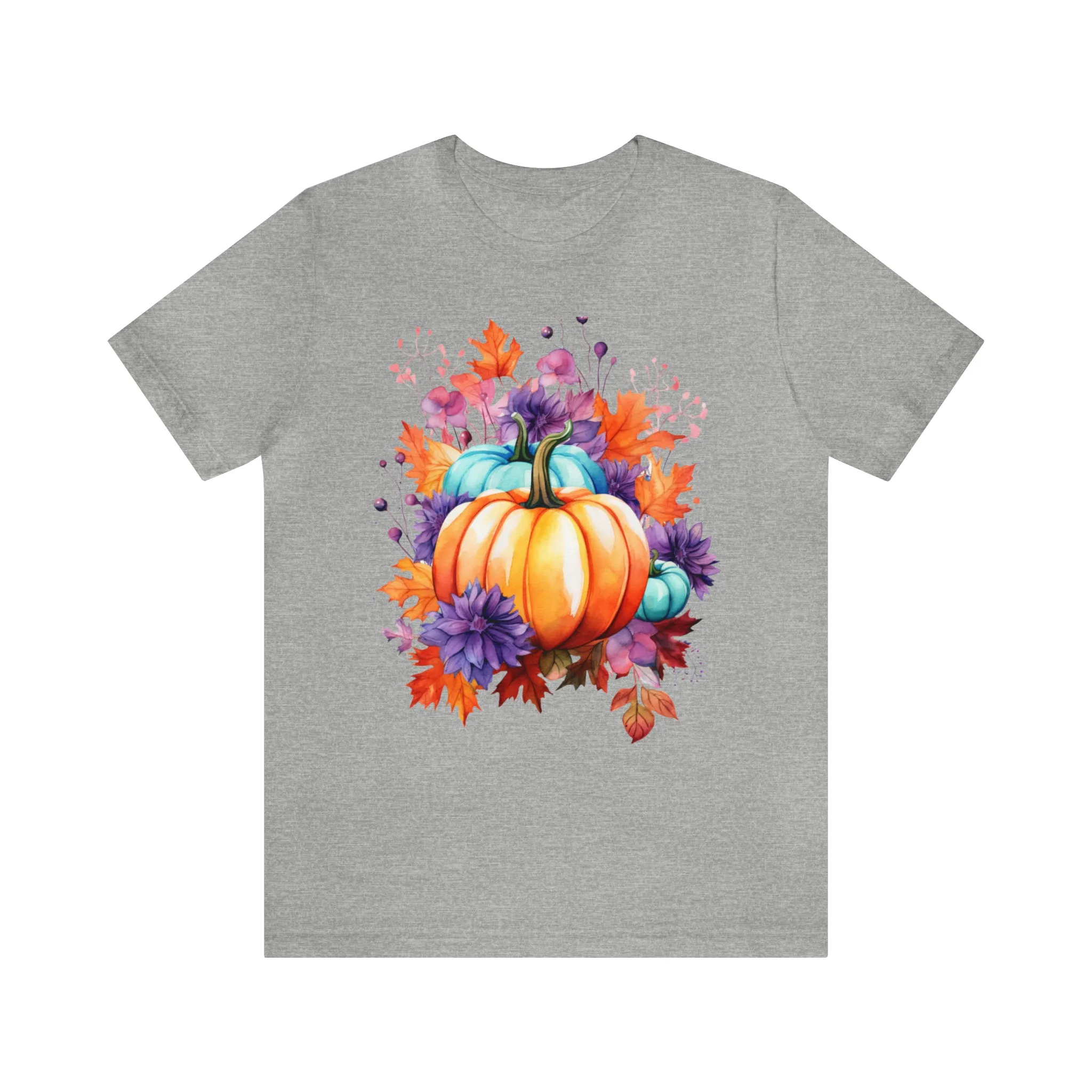 Fall Pumpkin & Leaves T-Shirt | Orange and Purple Fall Tee |  Bella Canvas 3001 Unisex |  Fall Short Sleeve Tshirt