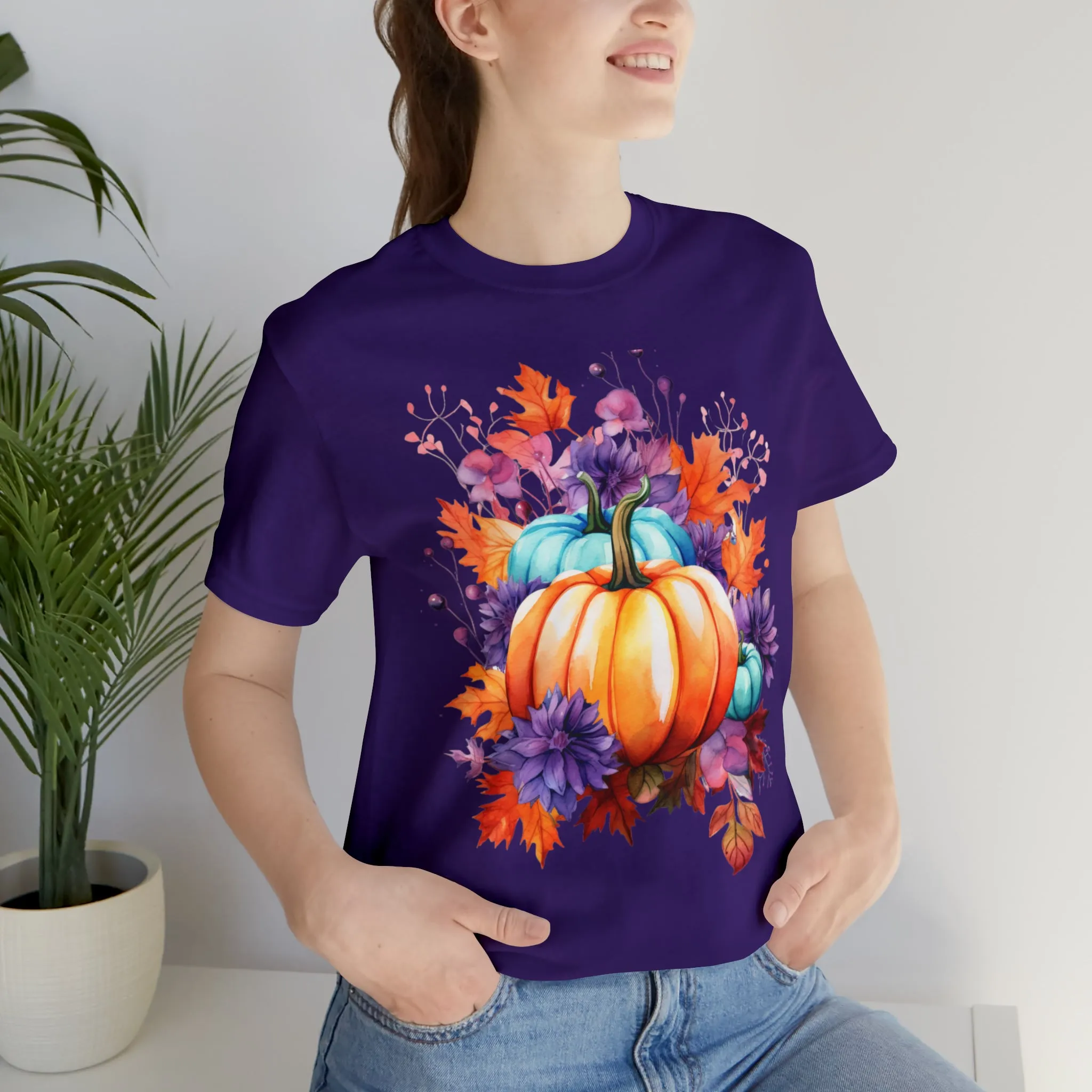 Fall Pumpkin & Leaves T-Shirt | Orange and Purple Fall Tee |  Bella Canvas 3001 Unisex |  Fall Short Sleeve Tshirt