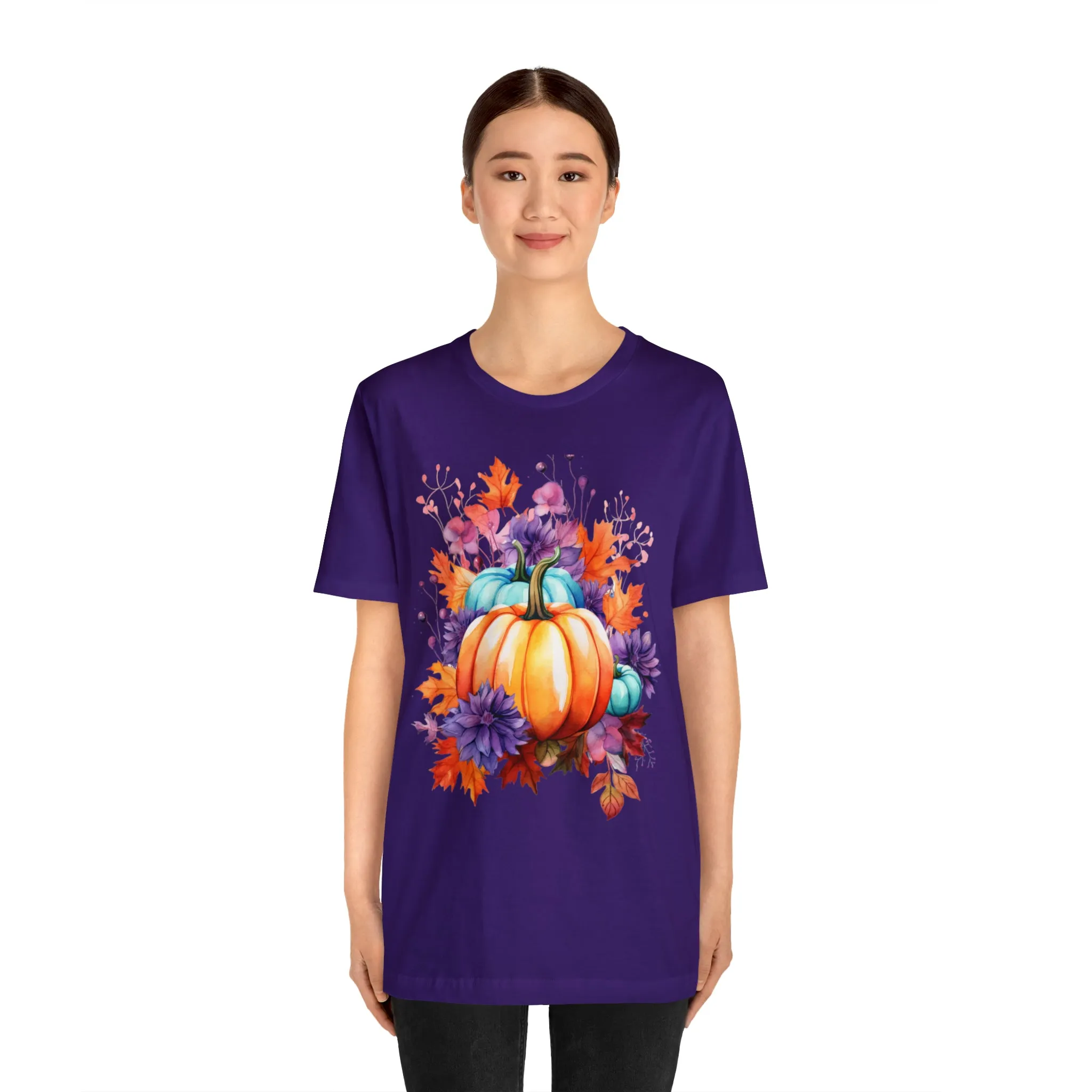 Fall Pumpkin & Leaves T-Shirt | Orange and Purple Fall Tee |  Bella Canvas 3001 Unisex |  Fall Short Sleeve Tshirt