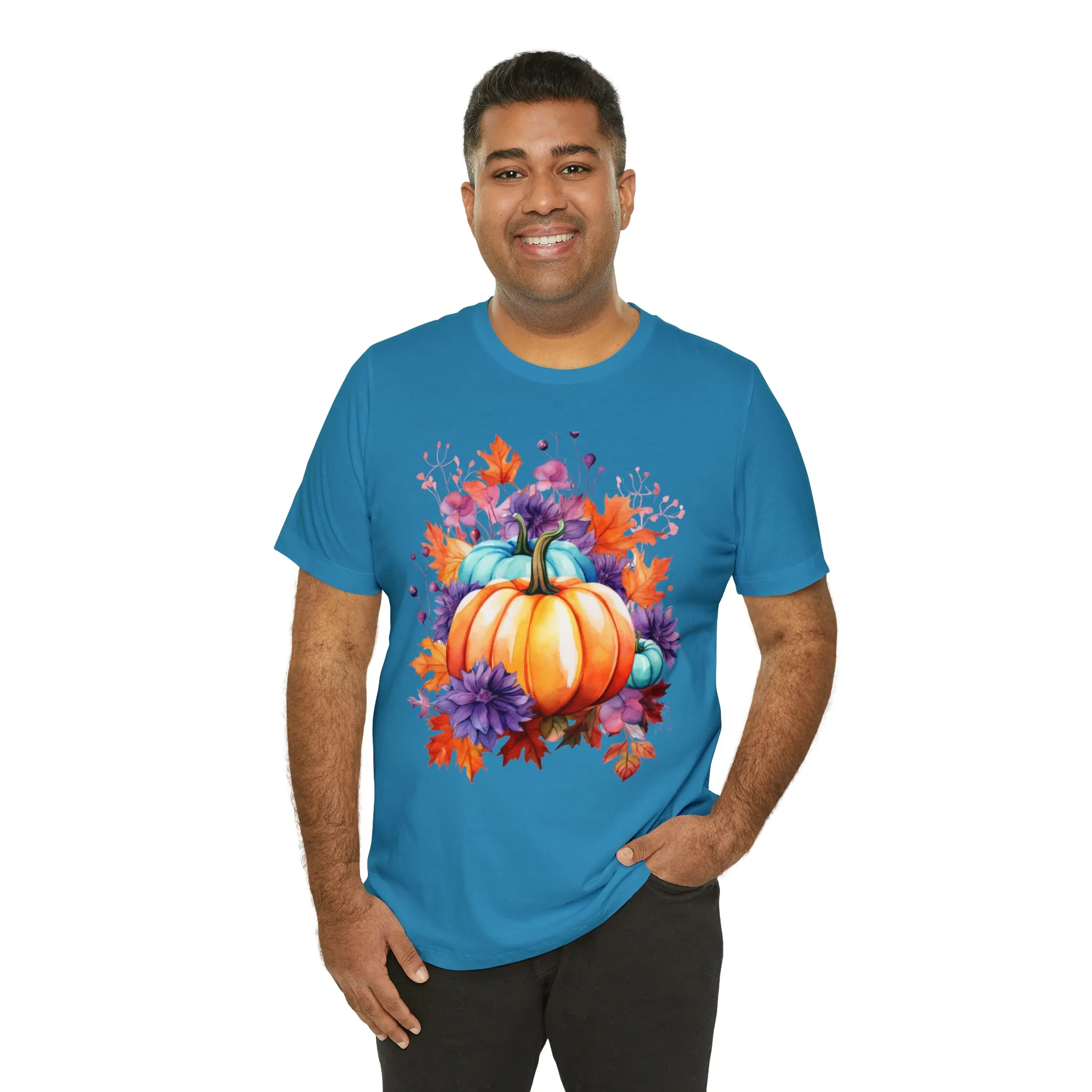 Fall Pumpkin & Leaves T-Shirt | Orange and Purple Fall Tee |  Bella Canvas 3001 Unisex |  Fall Short Sleeve Tshirt