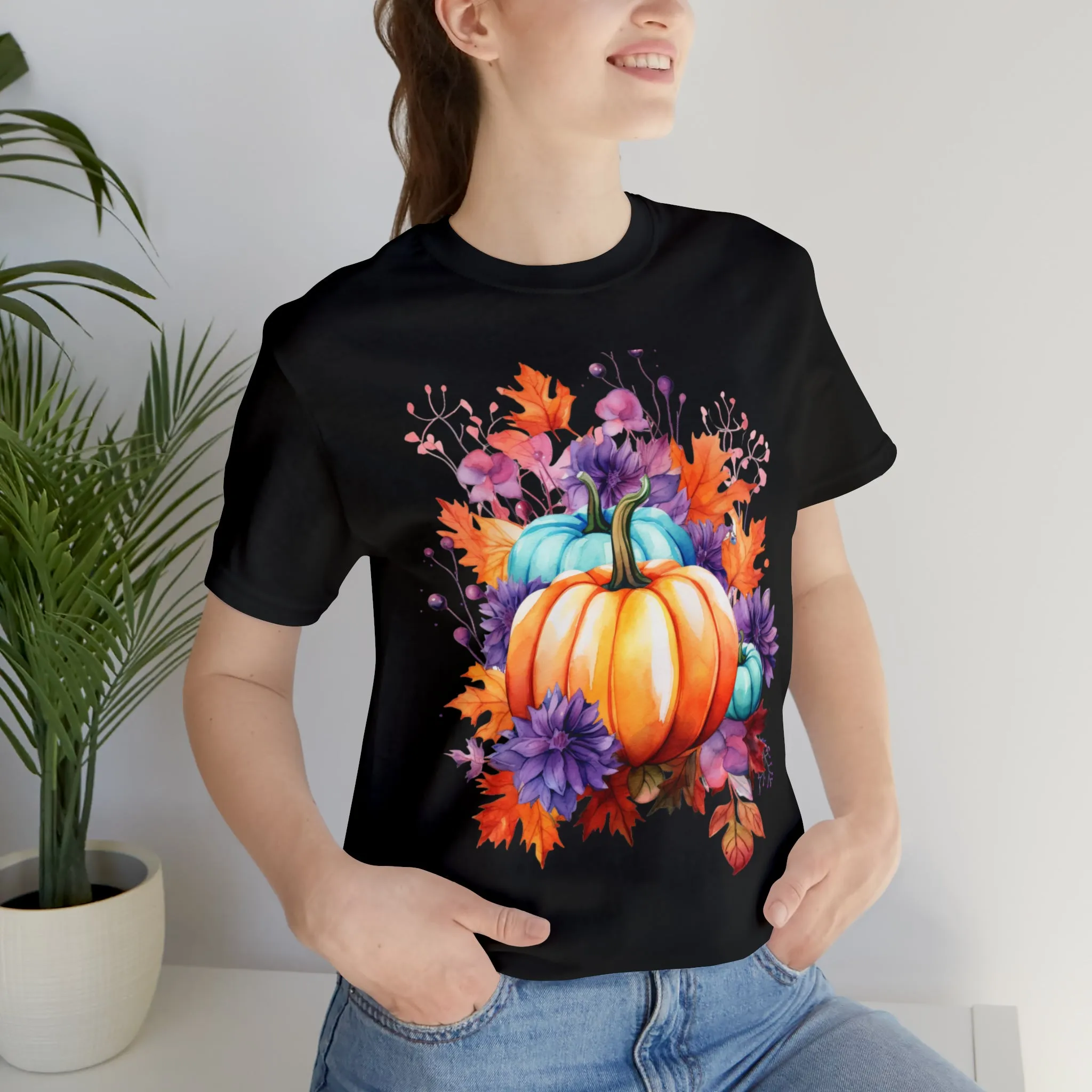 Fall Pumpkin & Leaves T-Shirt | Orange and Purple Fall Tee |  Bella Canvas 3001 Unisex |  Fall Short Sleeve Tshirt