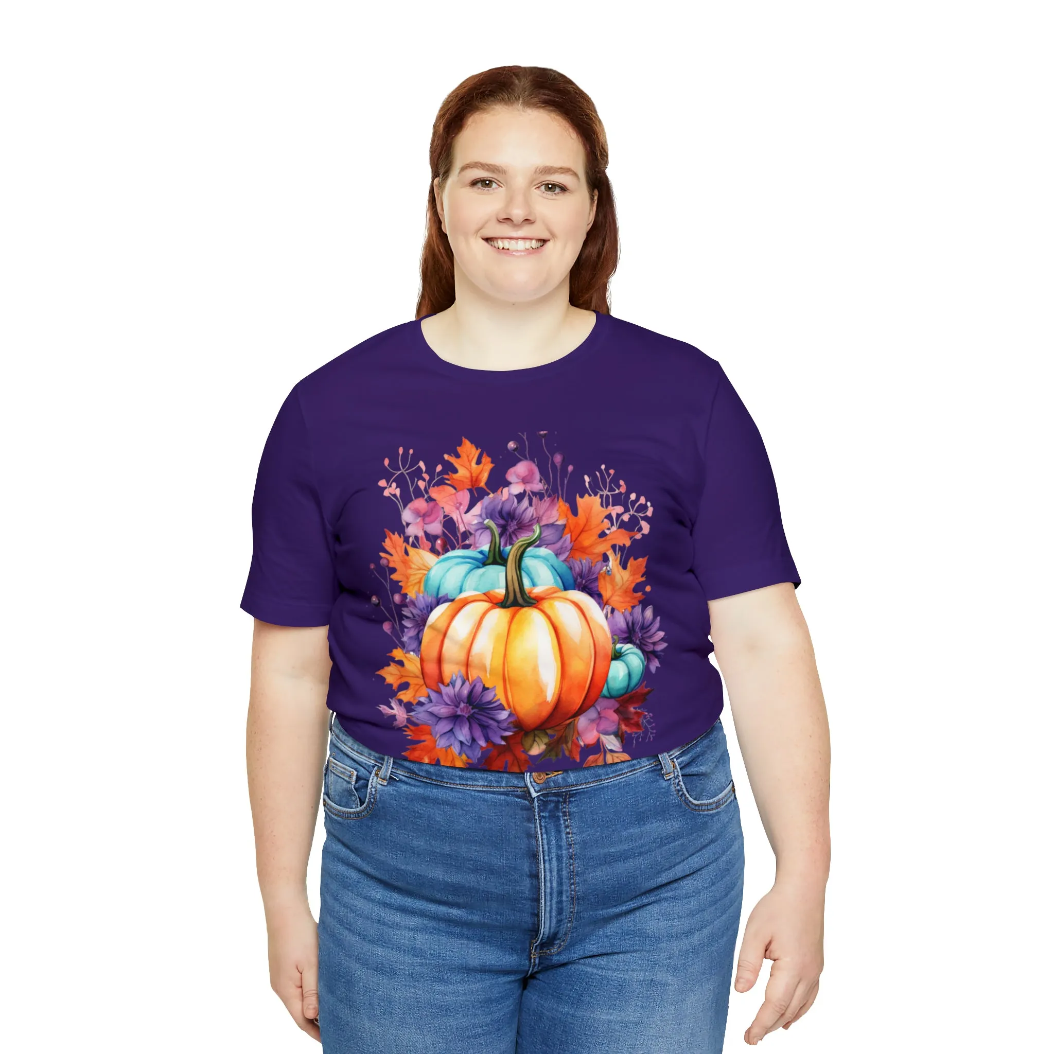 Fall Pumpkin & Leaves T-Shirt | Orange and Purple Fall Tee |  Bella Canvas 3001 Unisex |  Fall Short Sleeve Tshirt