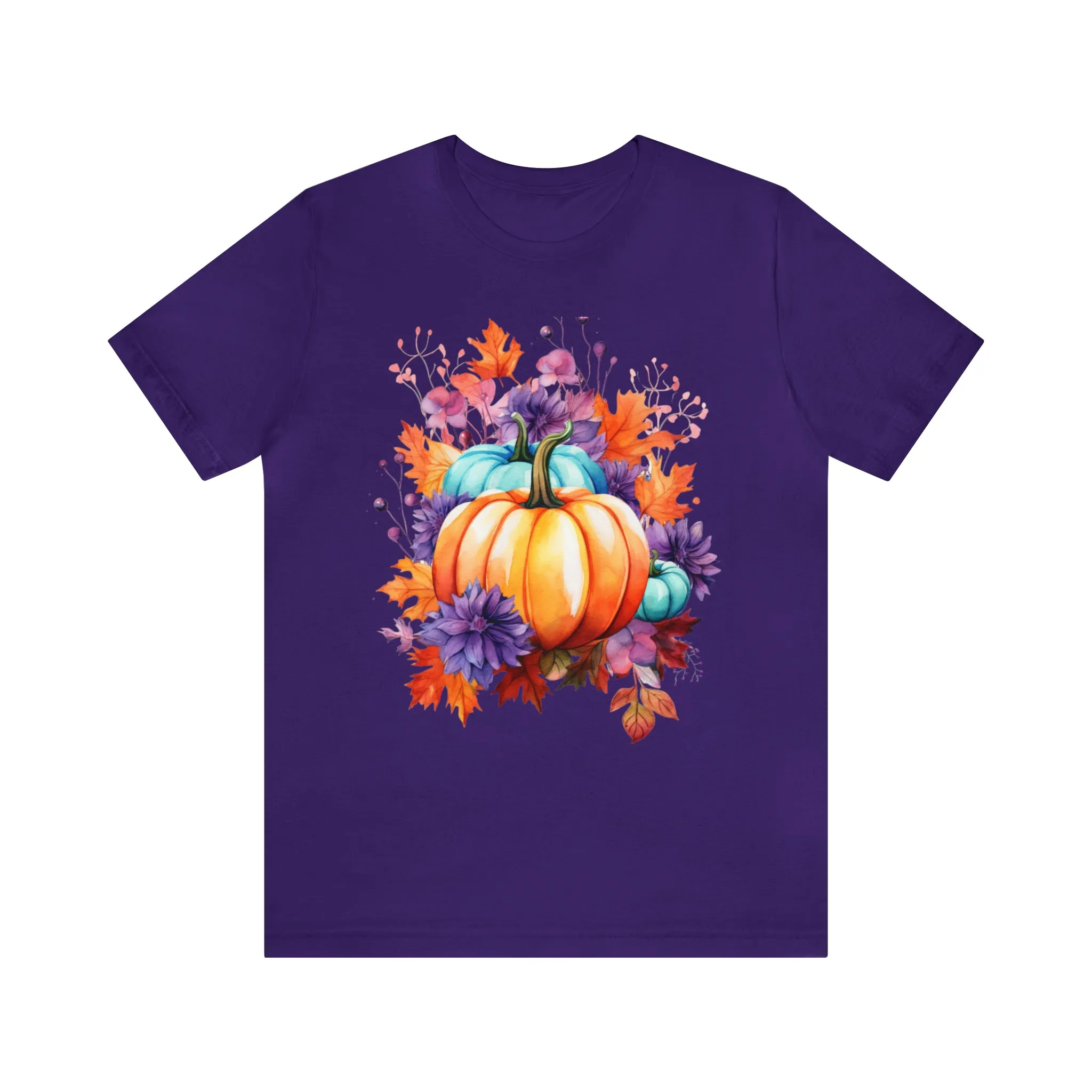 Fall Pumpkin & Leaves T-Shirt | Orange and Purple Fall Tee |  Bella Canvas 3001 Unisex |  Fall Short Sleeve Tshirt