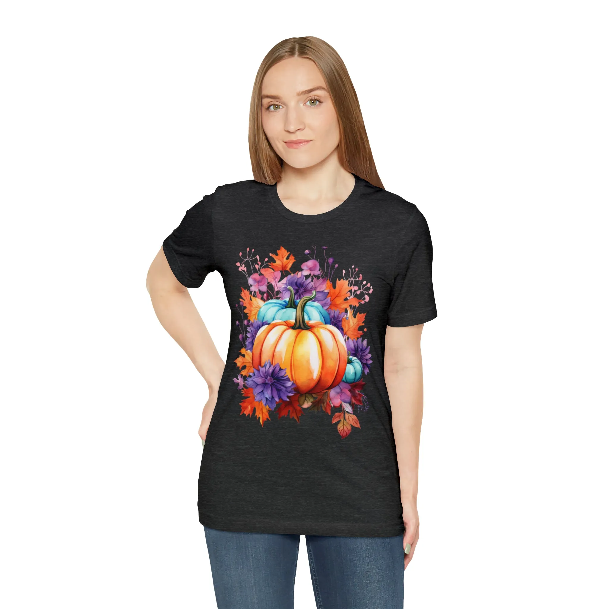 Fall Pumpkin & Leaves T-Shirt | Orange and Purple Fall Tee |  Bella Canvas 3001 Unisex |  Fall Short Sleeve Tshirt