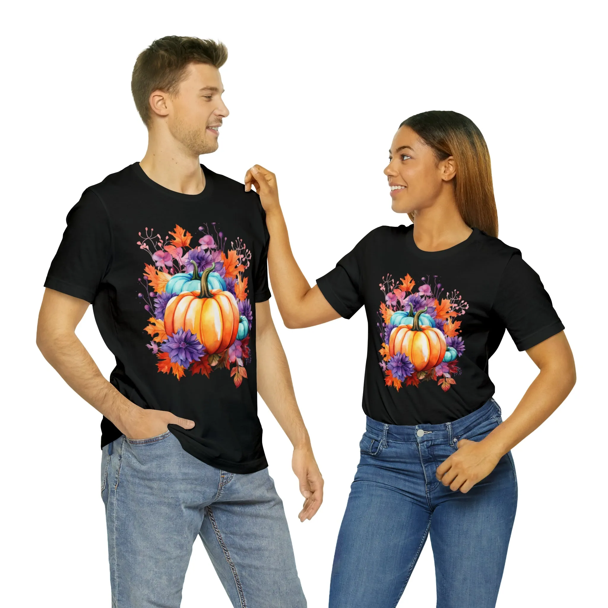 Fall Pumpkin & Leaves T-Shirt | Orange and Purple Fall Tee |  Bella Canvas 3001 Unisex |  Fall Short Sleeve Tshirt