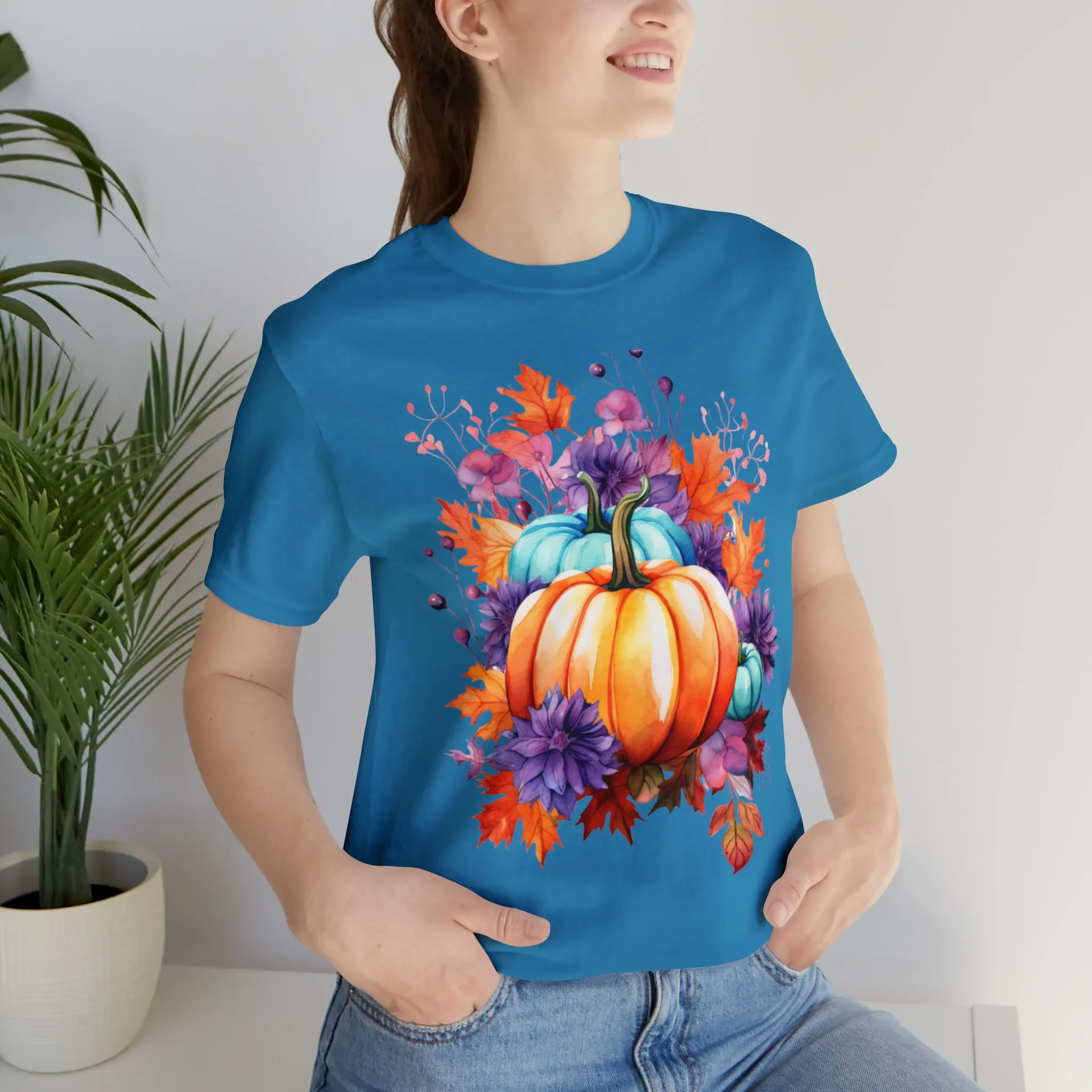 Fall Pumpkin & Leaves T-Shirt | Orange and Purple Fall Tee |  Bella Canvas 3001 Unisex |  Fall Short Sleeve Tshirt