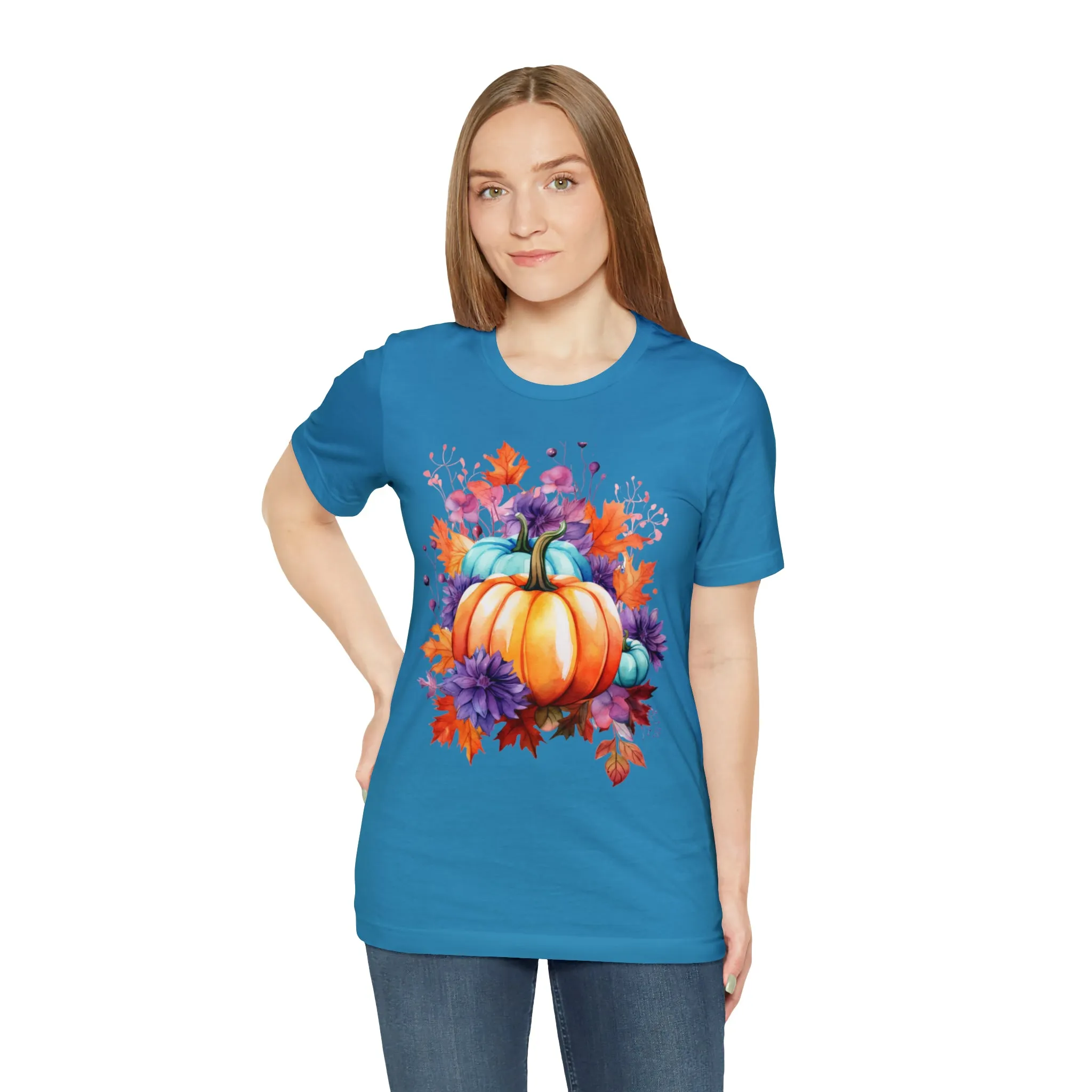 Fall Pumpkin & Leaves T-Shirt | Orange and Purple Fall Tee |  Bella Canvas 3001 Unisex |  Fall Short Sleeve Tshirt