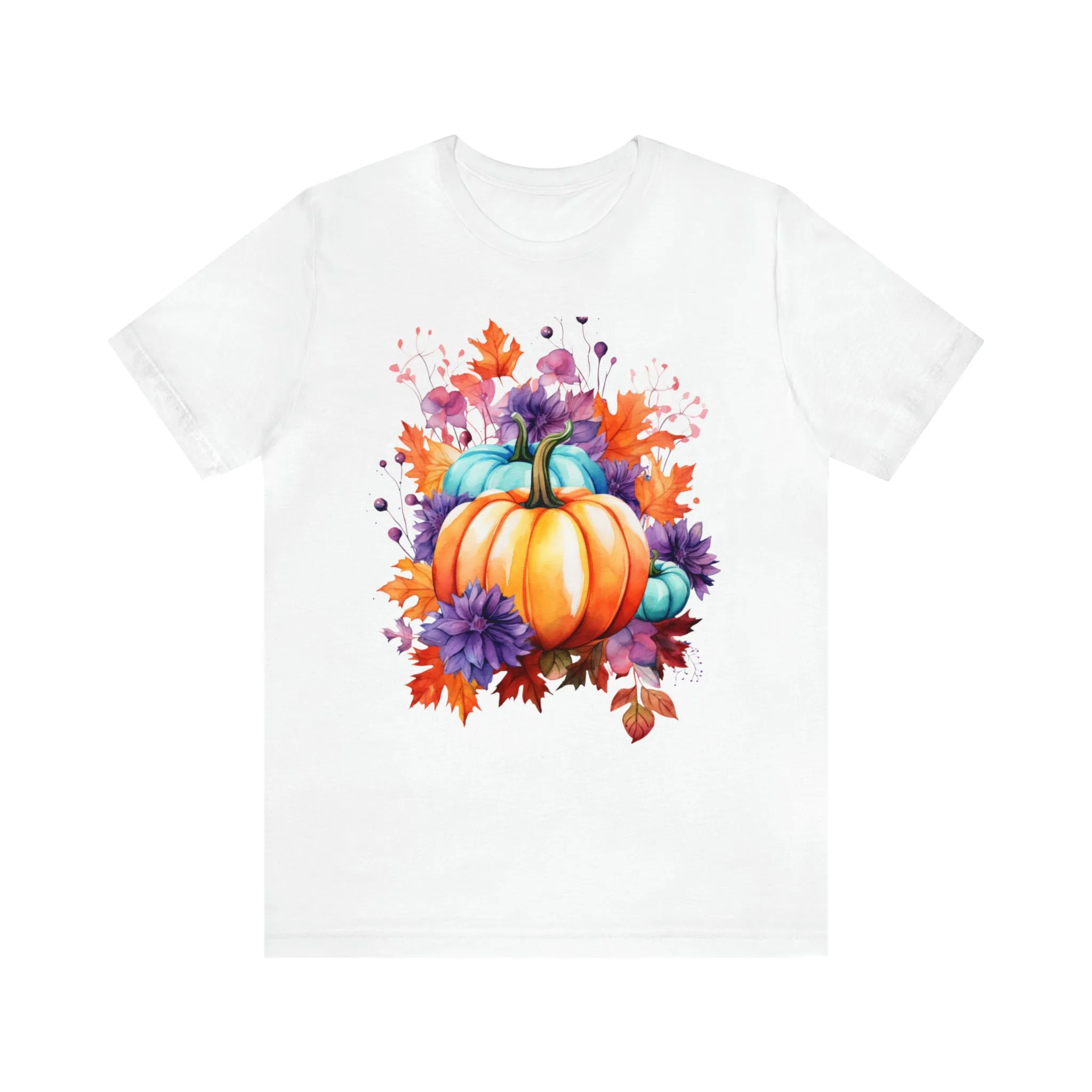 Fall Pumpkin & Leaves T-Shirt | Orange and Purple Fall Tee |  Bella Canvas 3001 Unisex |  Fall Short Sleeve Tshirt