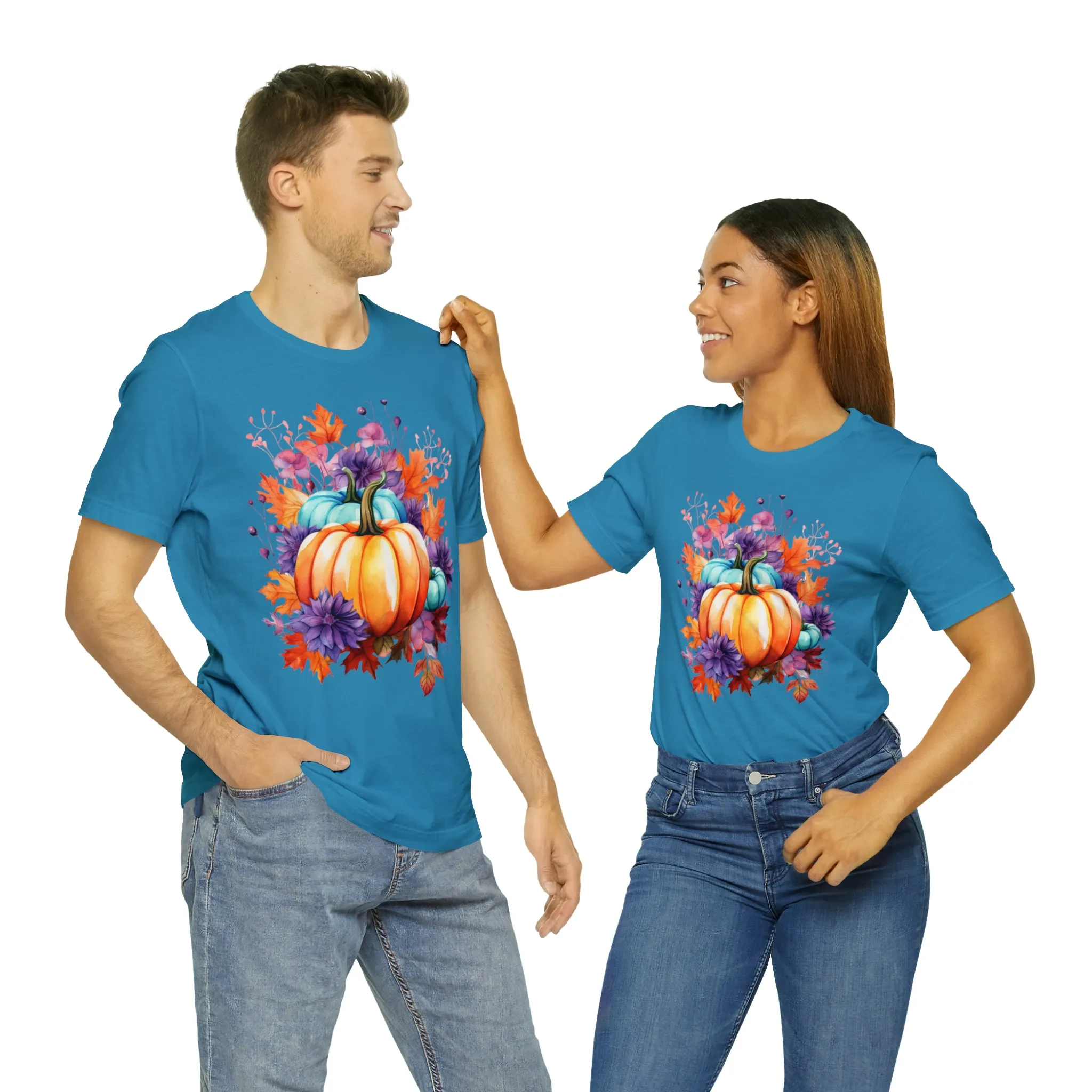 Fall Pumpkin & Leaves T-Shirt | Orange and Purple Fall Tee |  Bella Canvas 3001 Unisex |  Fall Short Sleeve Tshirt