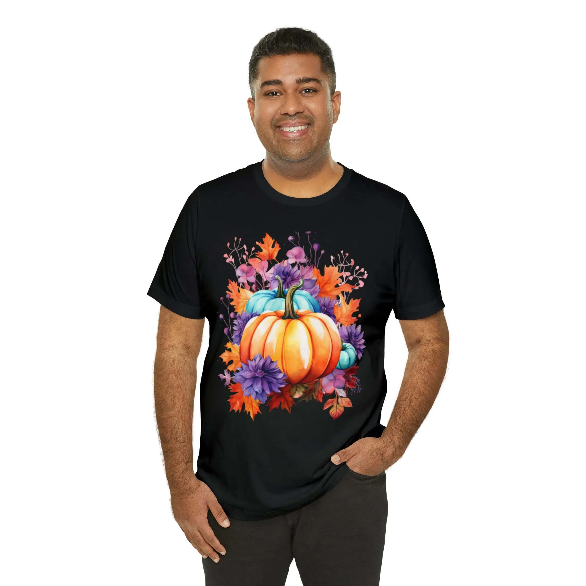 Fall Pumpkin & Leaves T-Shirt | Orange and Purple Fall Tee |  Bella Canvas 3001 Unisex |  Fall Short Sleeve Tshirt