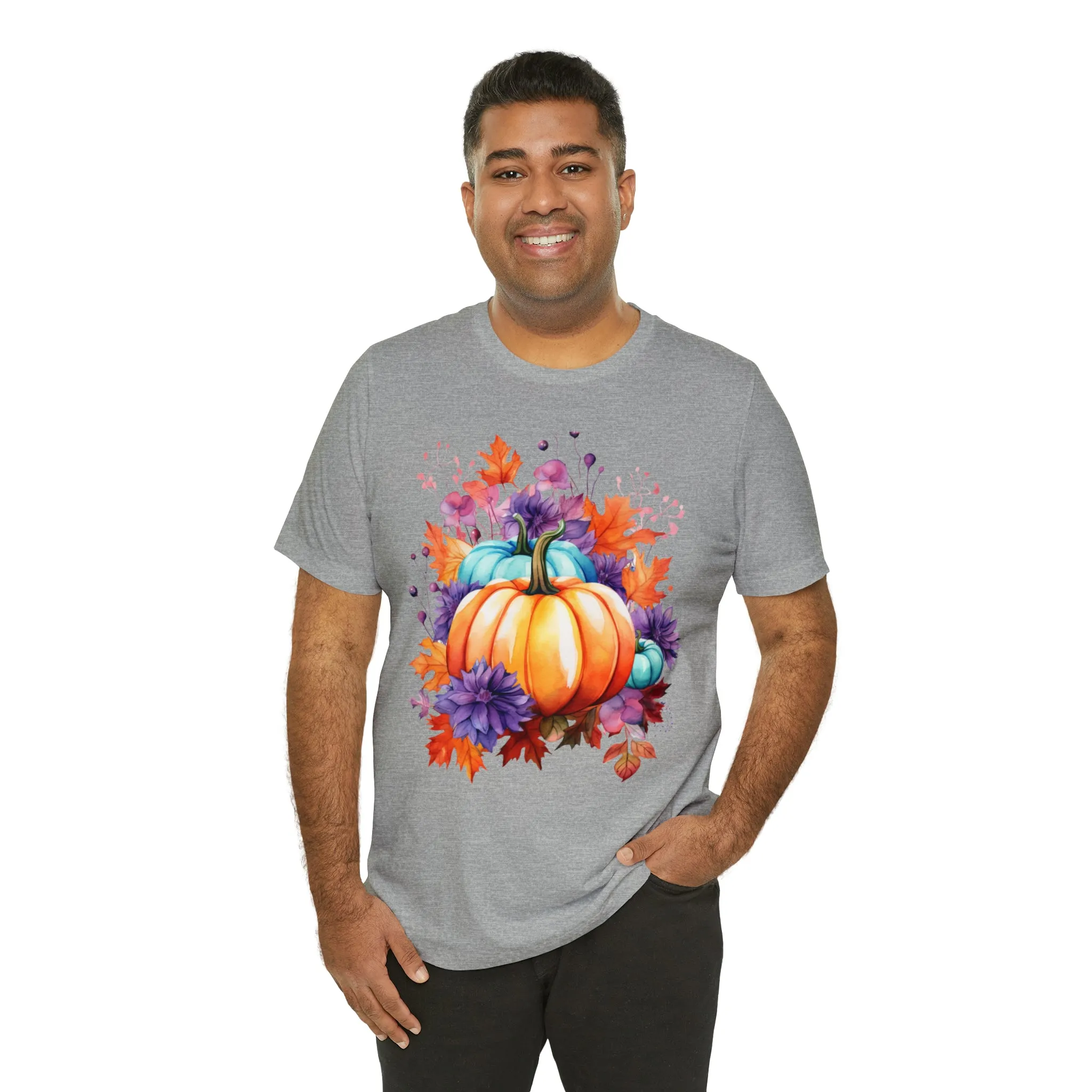 Fall Pumpkin & Leaves T-Shirt | Orange and Purple Fall Tee |  Bella Canvas 3001 Unisex |  Fall Short Sleeve Tshirt
