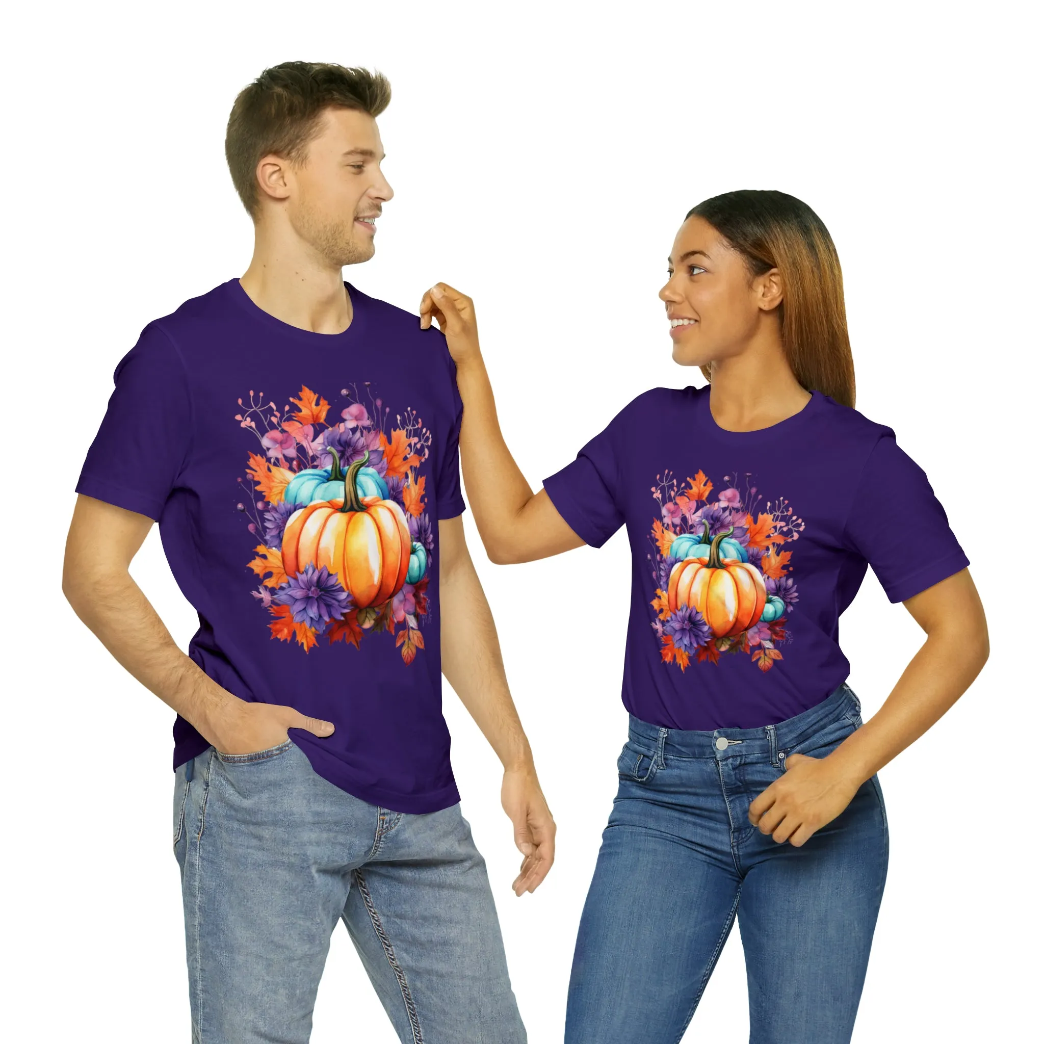 Fall Pumpkin & Leaves T-Shirt | Orange and Purple Fall Tee |  Bella Canvas 3001 Unisex |  Fall Short Sleeve Tshirt