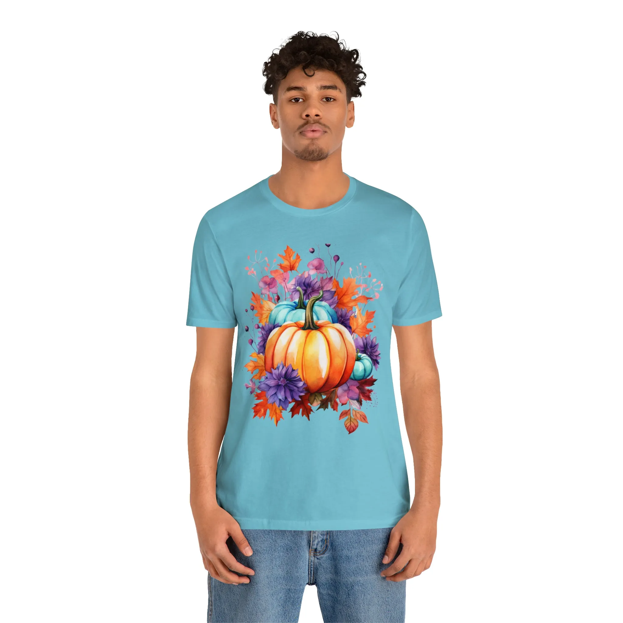 Fall Pumpkin & Leaves T-Shirt | Orange and Purple Fall Tee |  Bella Canvas 3001 Unisex |  Fall Short Sleeve Tshirt