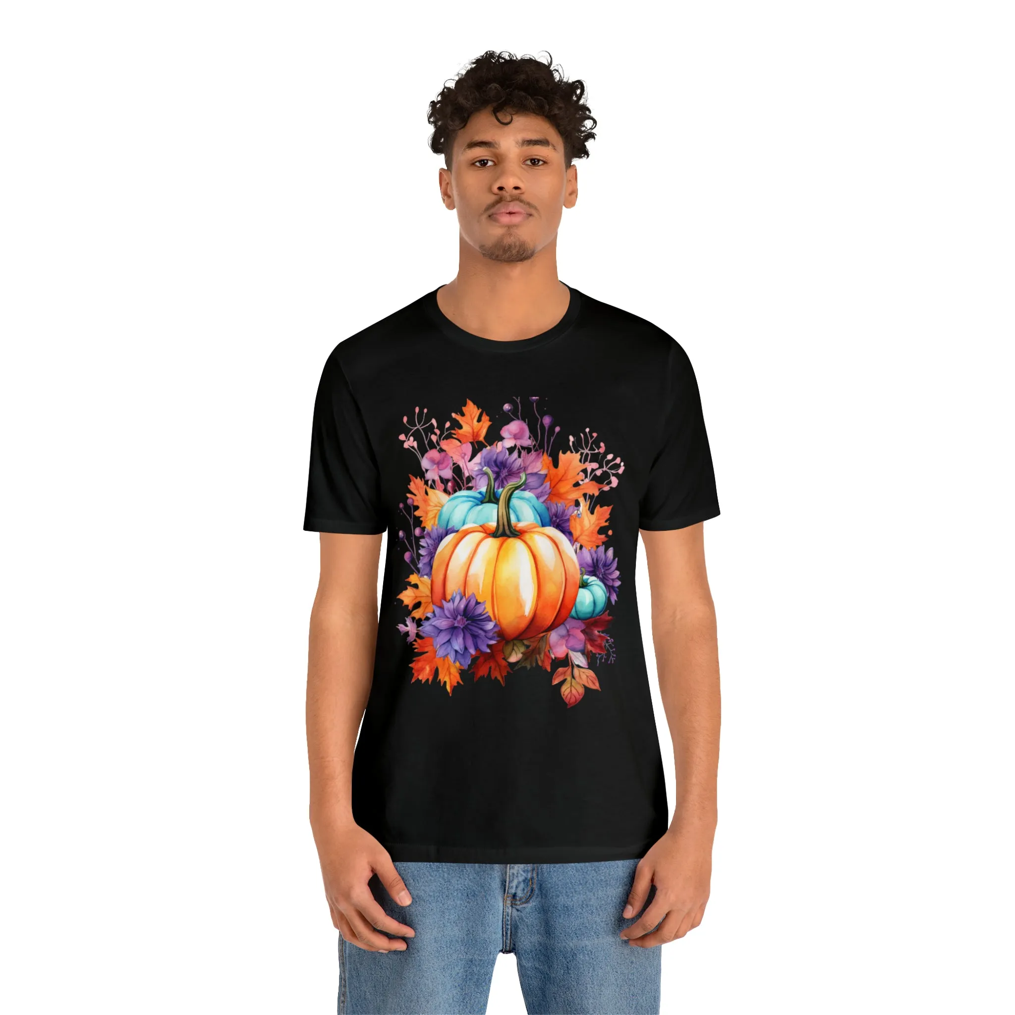 Fall Pumpkin & Leaves T-Shirt | Orange and Purple Fall Tee |  Bella Canvas 3001 Unisex |  Fall Short Sleeve Tshirt