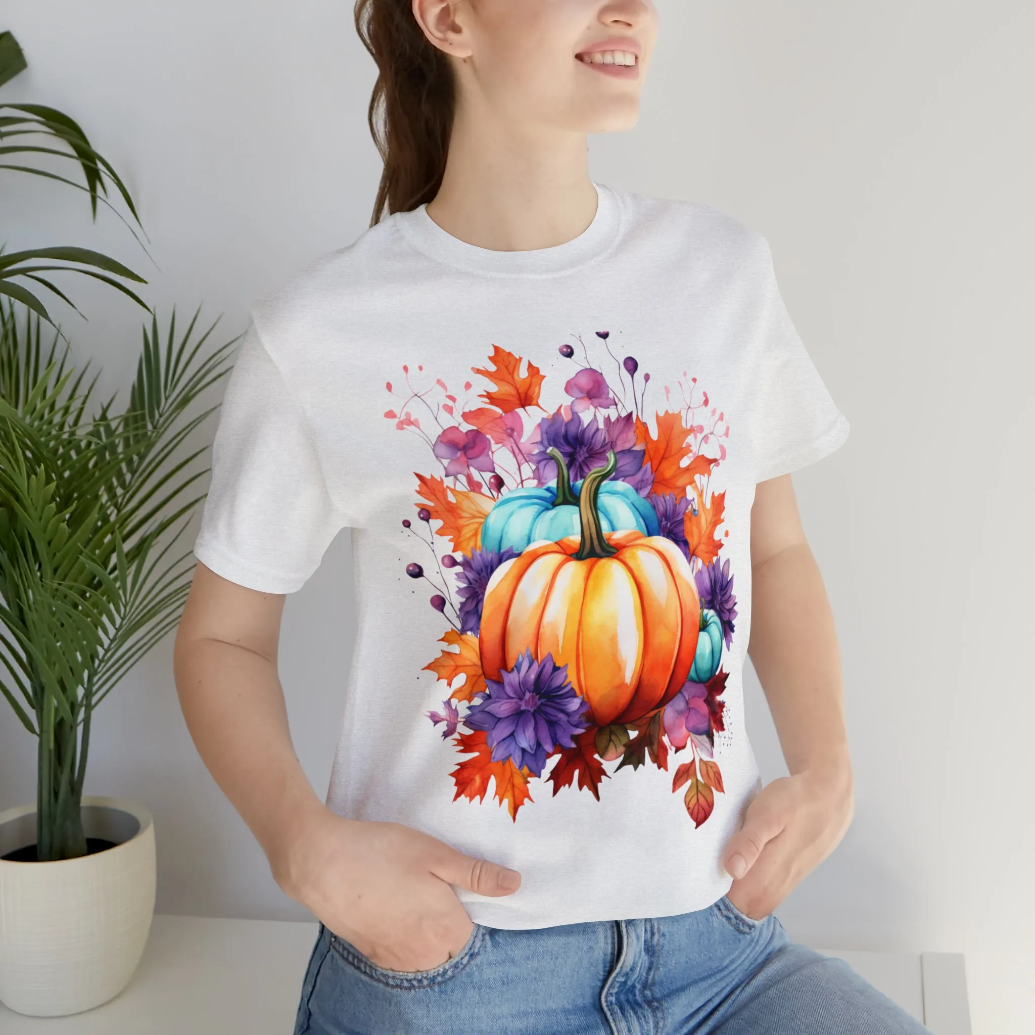 Fall Pumpkin & Leaves T-Shirt | Orange and Purple Fall Tee |  Bella Canvas 3001 Unisex |  Fall Short Sleeve Tshirt