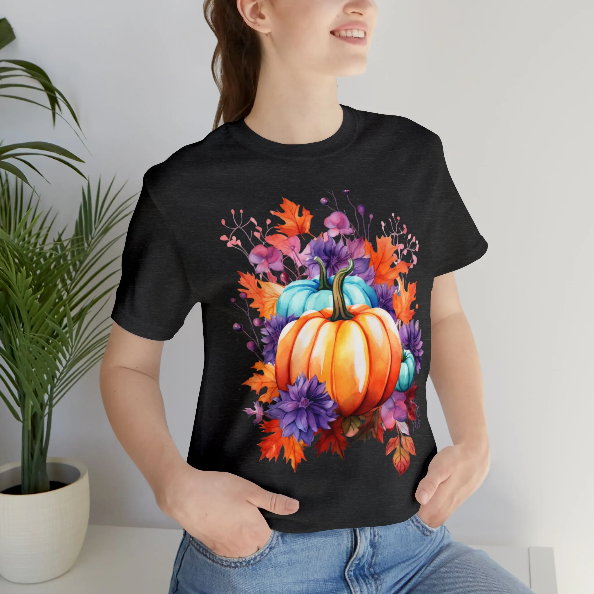 Fall Pumpkin & Leaves T-Shirt | Orange and Purple Fall Tee |  Bella Canvas 3001 Unisex |  Fall Short Sleeve Tshirt