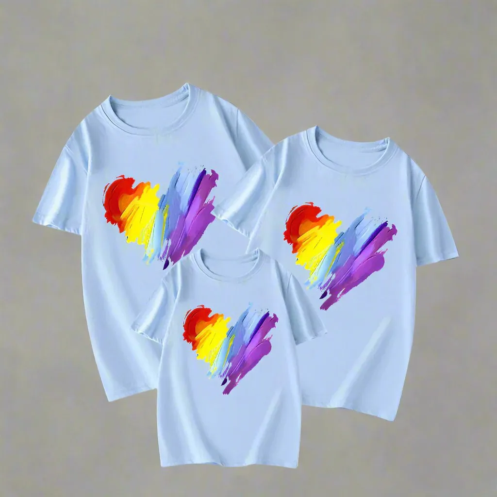 Family Matching T-Shirt Set with Colorful Heart Brushstroke Design
