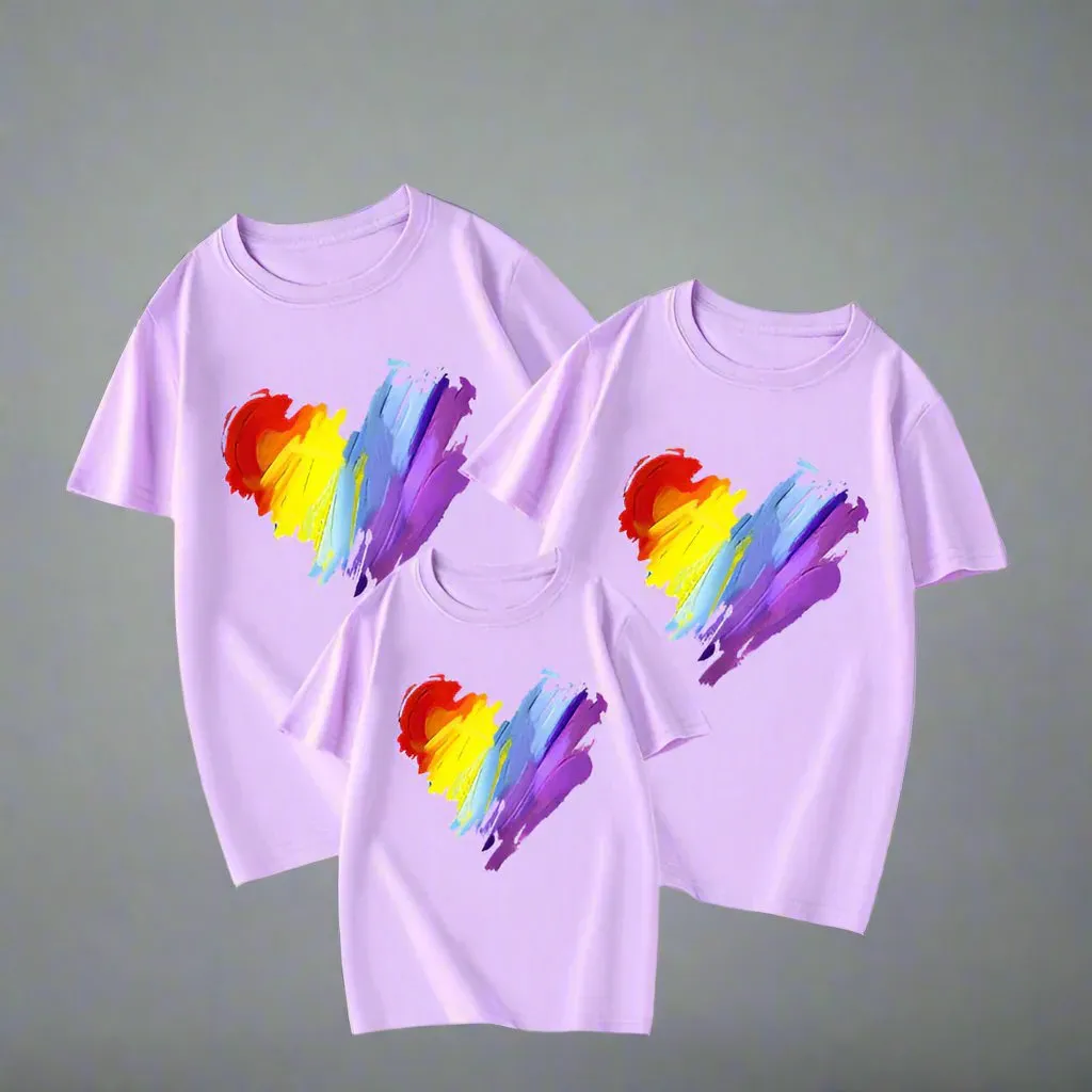 Family Matching T-Shirt Set with Colorful Heart Brushstroke Design